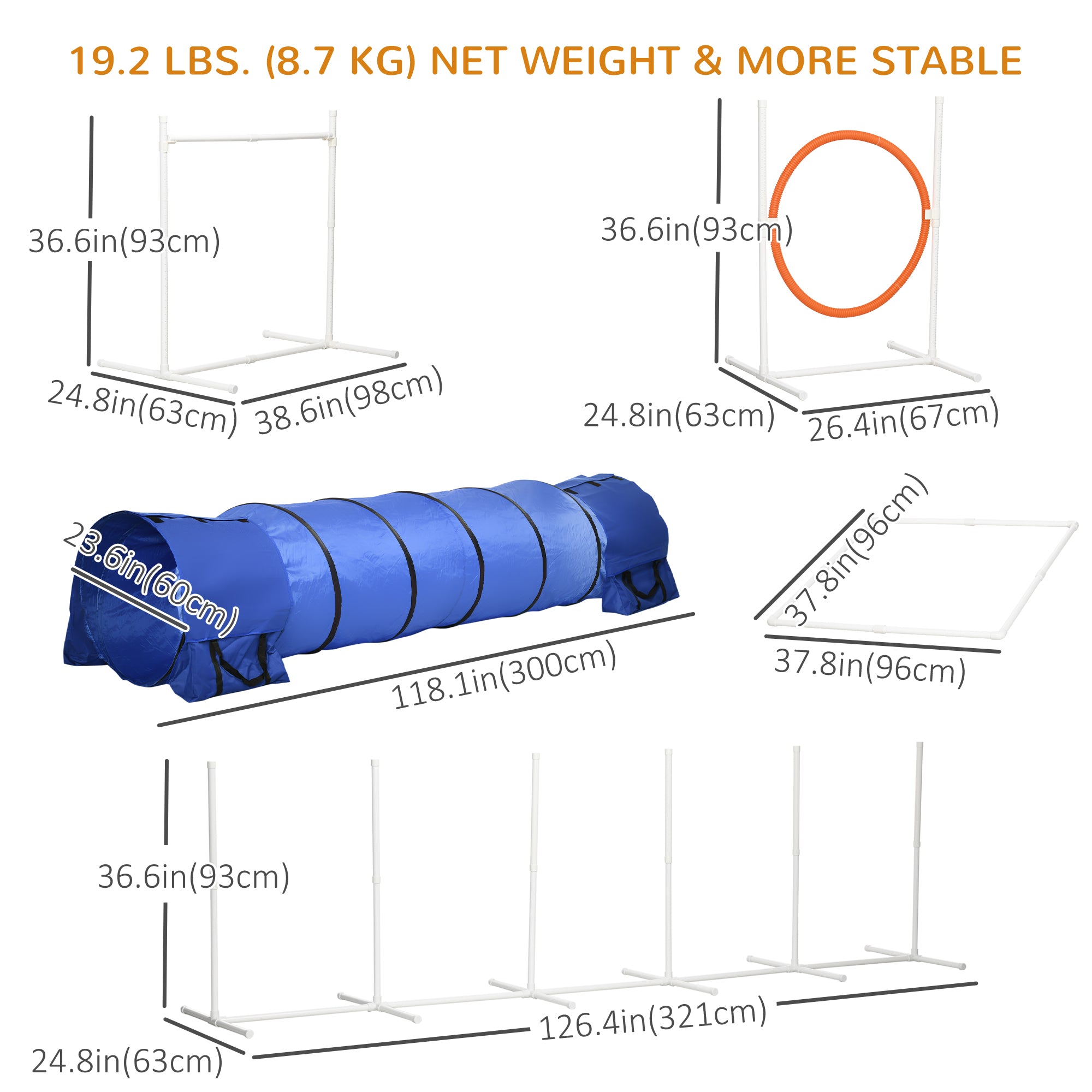 5Pcs Dog Agility Training Equipment with 8.7KG Net Weight, Pet Agility Set with Tunnels, Adjustable Jump Ring, Jumper, Weave Poles, Square Pause Box, Carrying Bag, Whistle