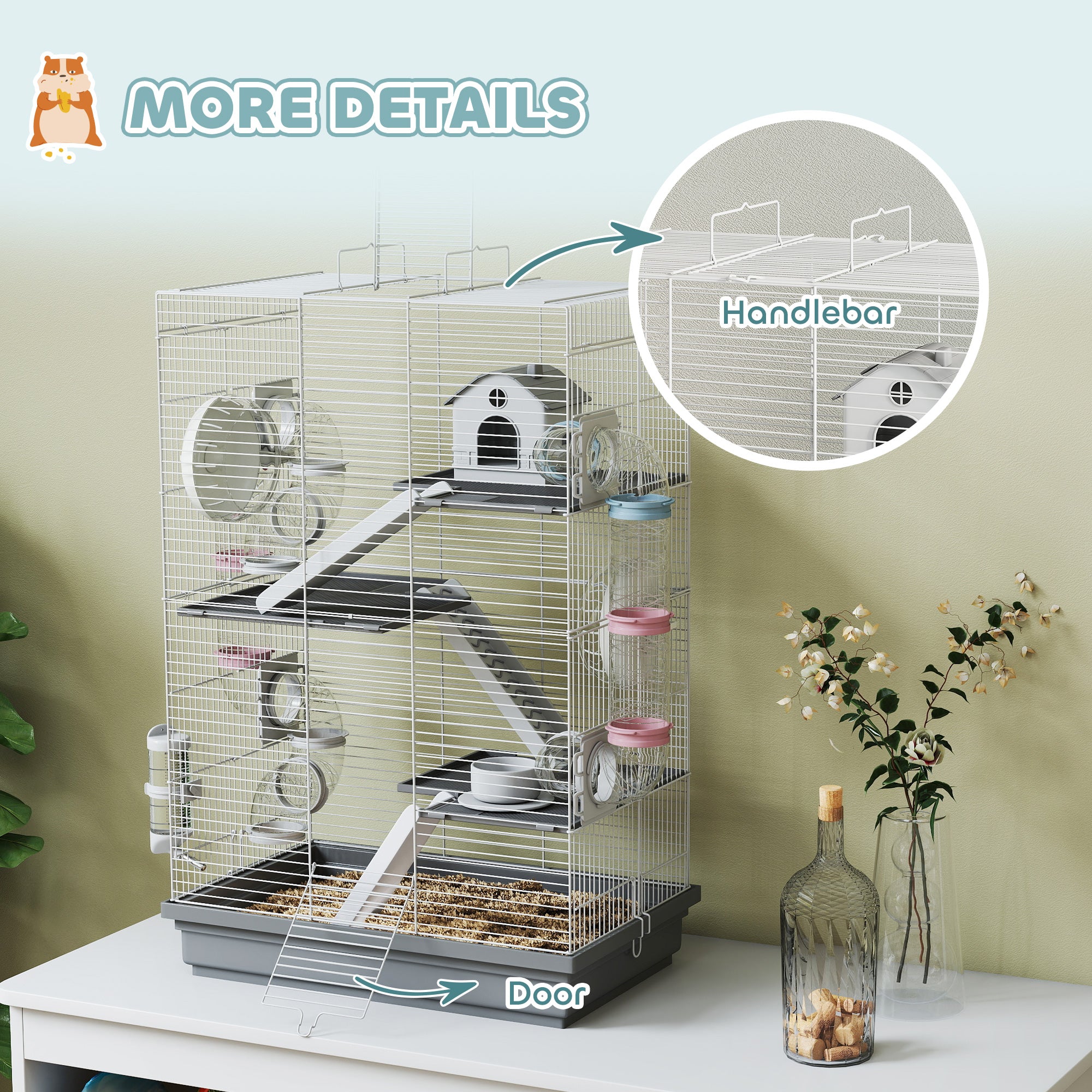 4-Level Large Hamster Cage with DIY Tubes, Water Bottle, Food Dish, Hut, Exercise Wheels, Grey