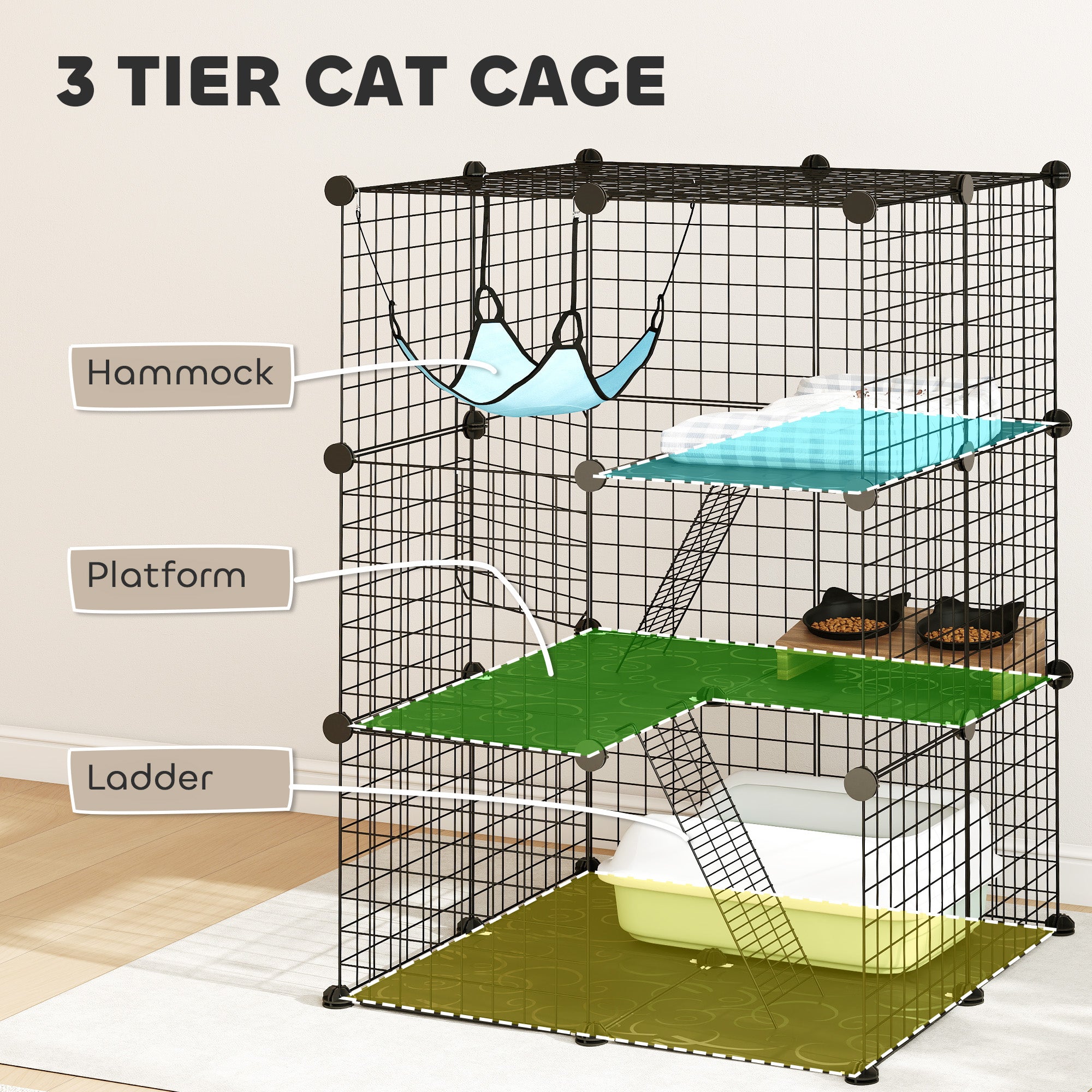 3 Tier Cat Cage Crate, DIY Pet Playpen with 3 Doors, Ladders, Hammock, Platforms, Indoor Playpen for Kittens, Black