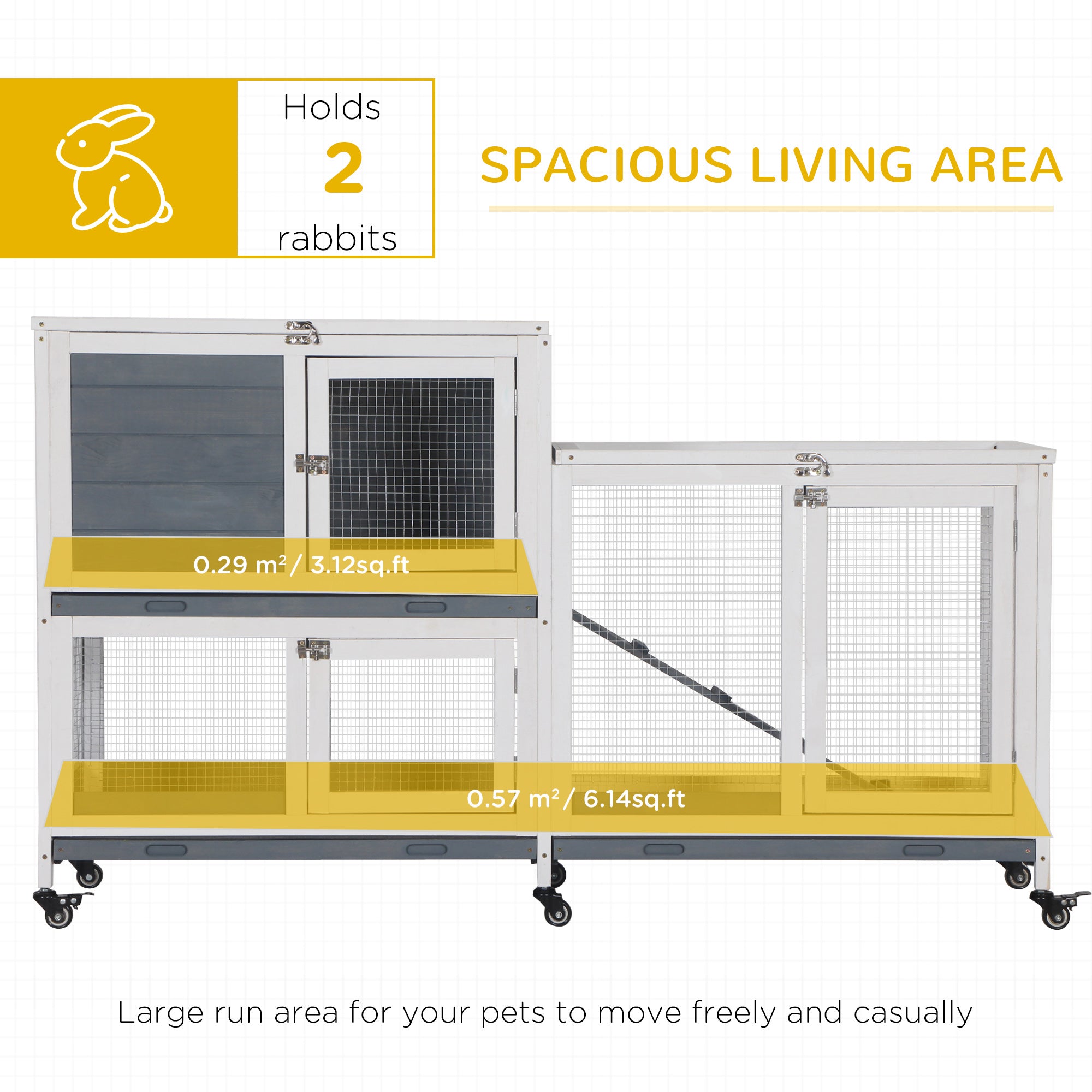 Clapier en bois surélevé, maison pour animaux, cage pour lapin et petits animaux, avec bac coulissant, porte verrouillable et toit ouvrant, pour intérieur, 58" x 18" x 35", gris