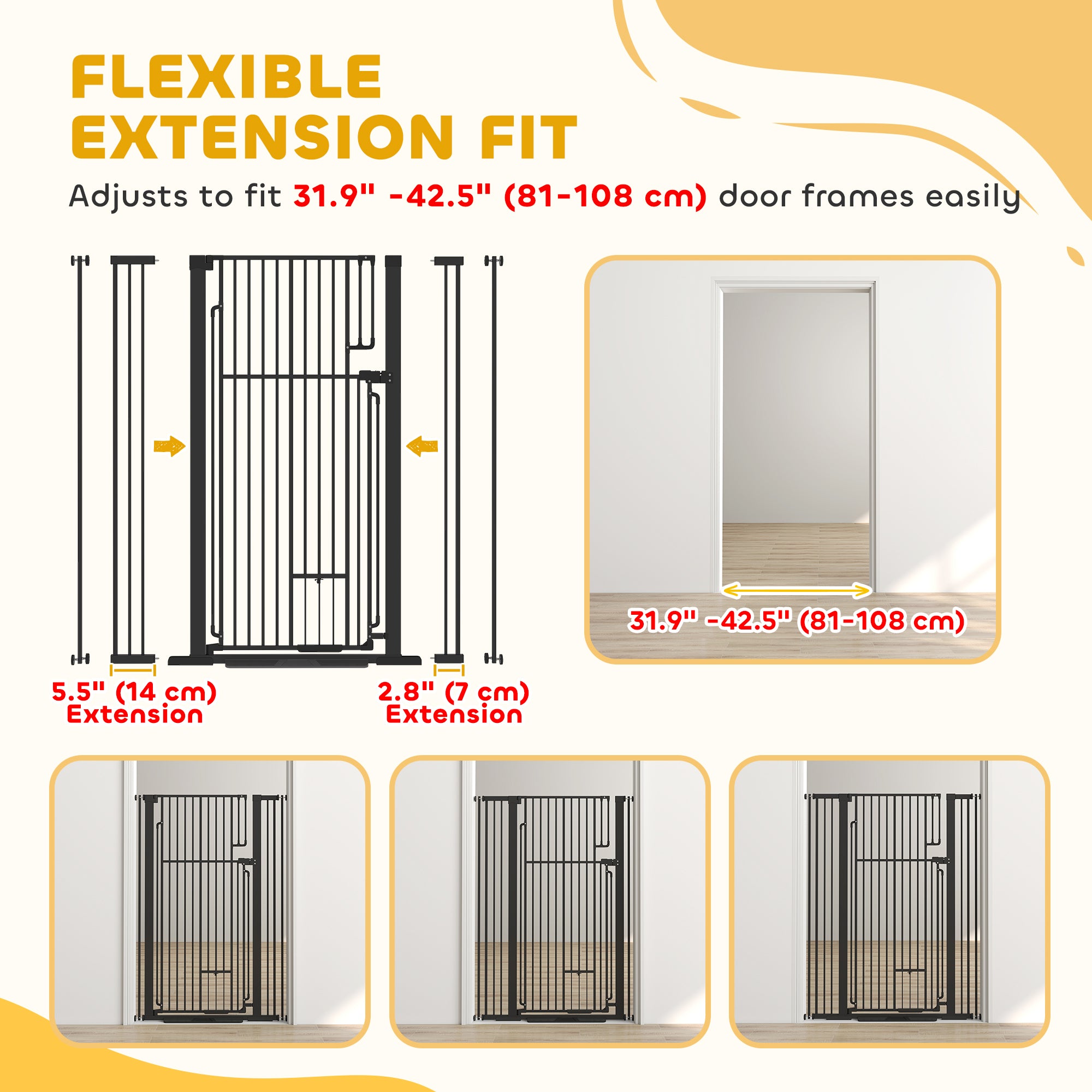 53.1" Tall Dog Gate with Cat Door, 32"-42.5" Wide Adjustable Pressure Mounted for Doorways, Hallways, No Drilling, Black
