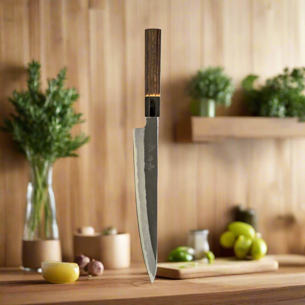 Hinoura Ajikataya 240mm Sujihiki Knife – White #2 Carbon Steel | Kurouchi Finish-1