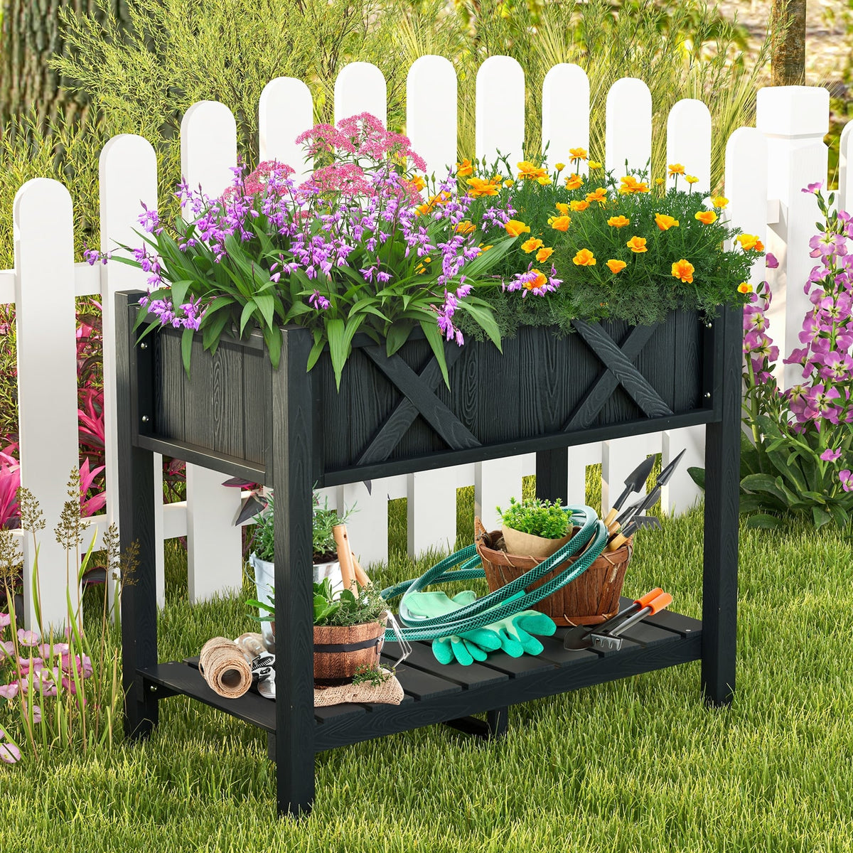 HIPS Raised Garden Bed Poly Wood Elevated Planter Box-Black-Raised Garden Beds-DECOROLALA