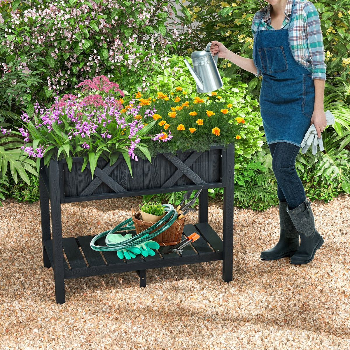 HIPS Raised Garden Bed Poly Wood Elevated Planter Box-Black-Raised Garden Beds-DECOROLALA
