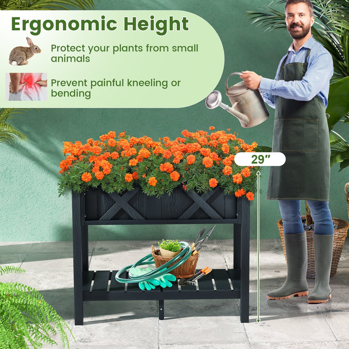 HIPS Raised Garden Bed Poly Wood Elevated Planter Box-Black-Raised Garden Beds-DECOROLALA
