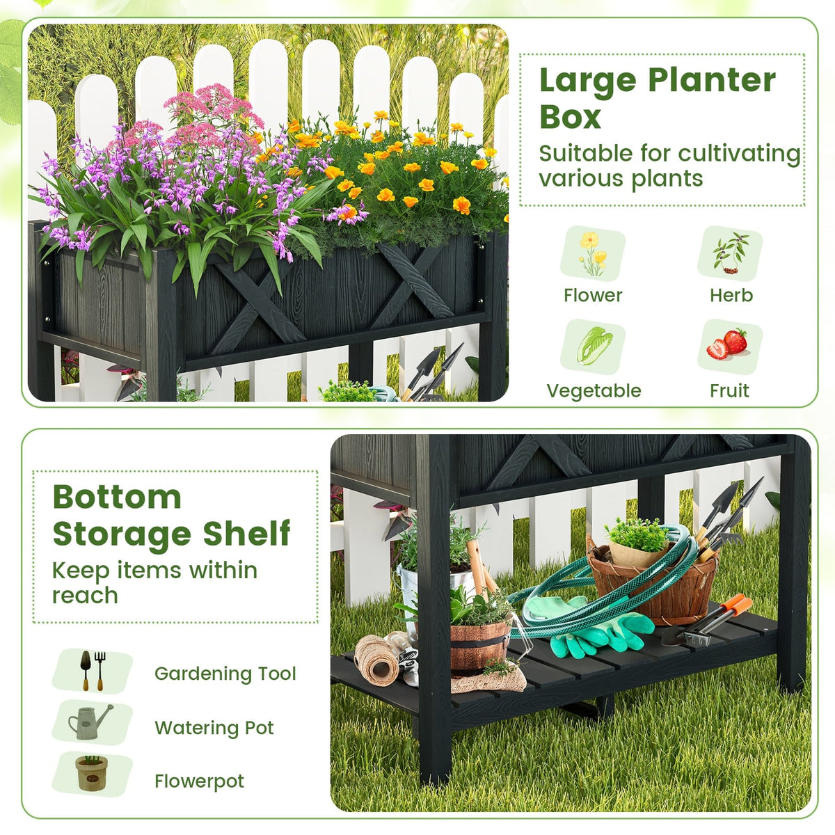 HIPS Raised Garden Bed Poly Wood Elevated Planter Box-Black-Raised Garden Beds-DECOROLALA