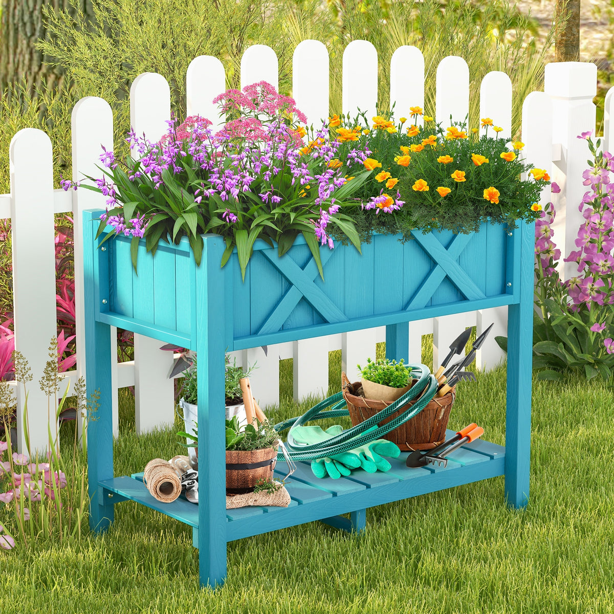 HIPS Raised Garden Bed Poly Wood Elevated Planter Box-Blue-Raised Garden Beds-DECOROLALA