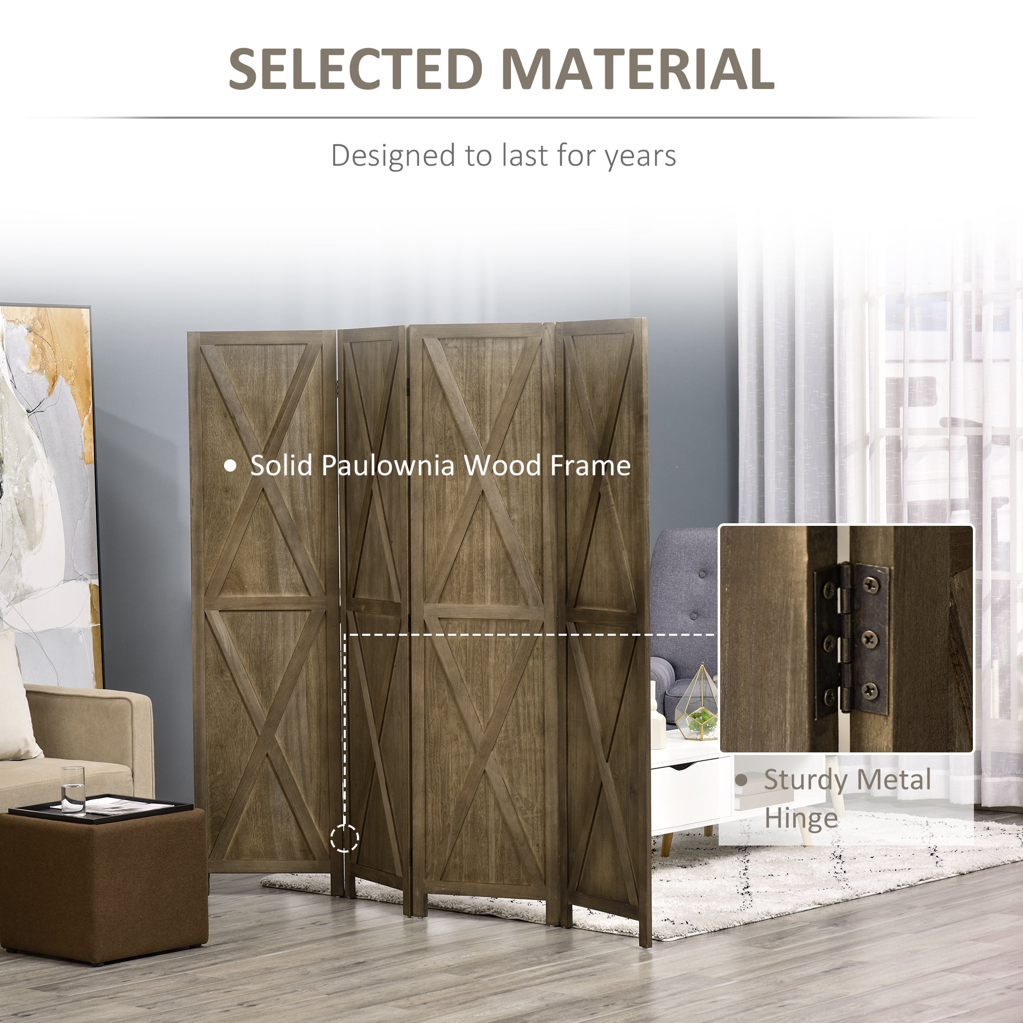 4-panel Wall Partition Farmhouse Room Separator with Foldable Design Wooden Frame 5.6FT, Brown