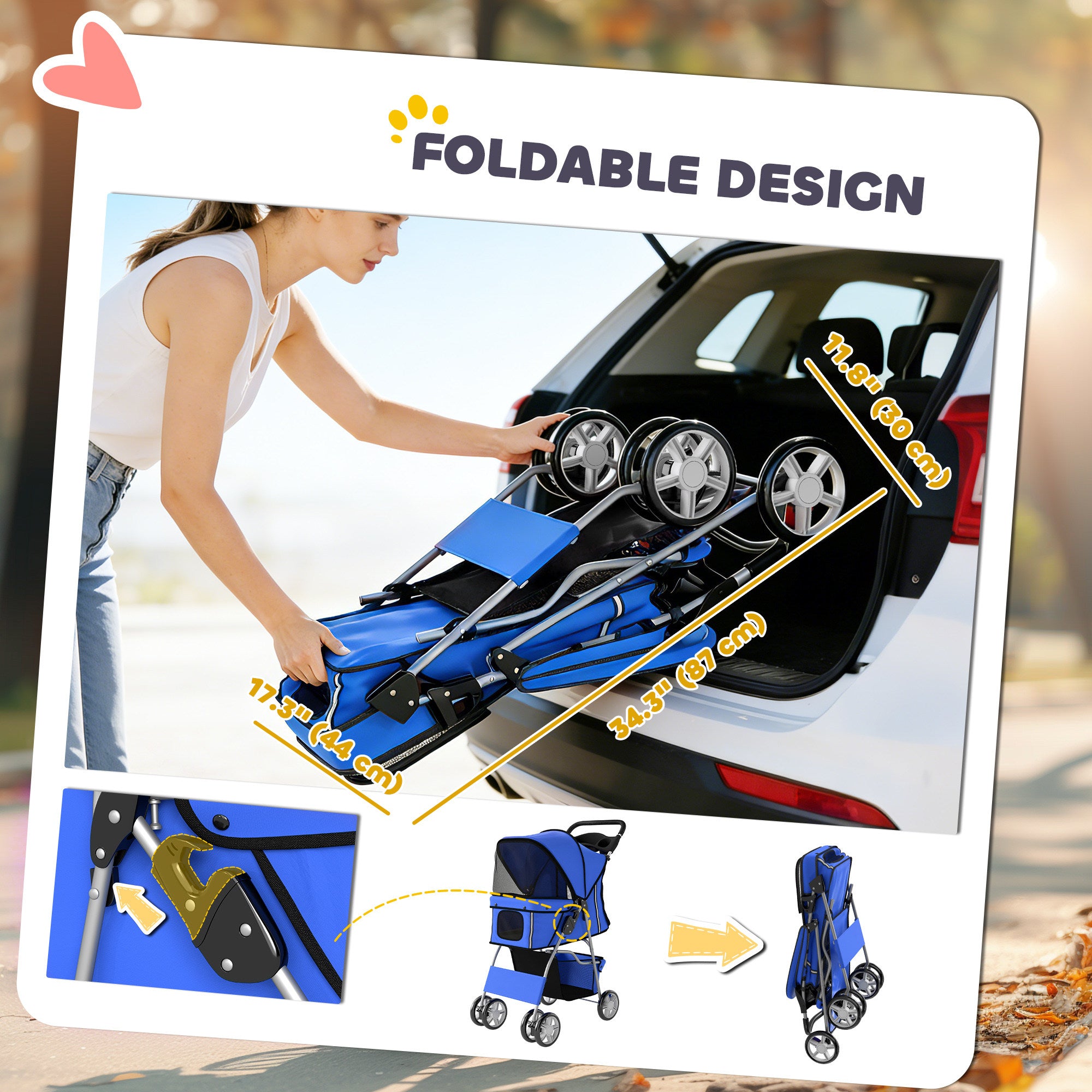 Pet Stroller with Reflective Strips, Foldable Cat Stroller with 360° Swivel Wheels for Small Dogs and Cats, Blue