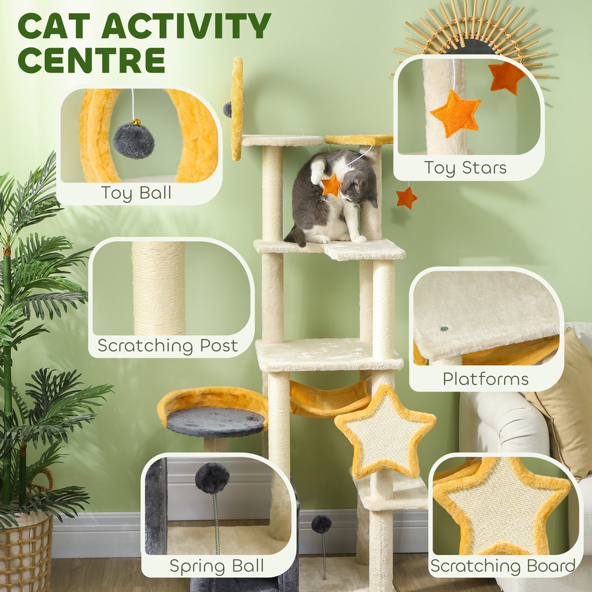 Star and Moon Themed Cat Tree with Cat Scratching Posts, Cat Condo, Bed, Scratching Board, Cat Toys, Beige