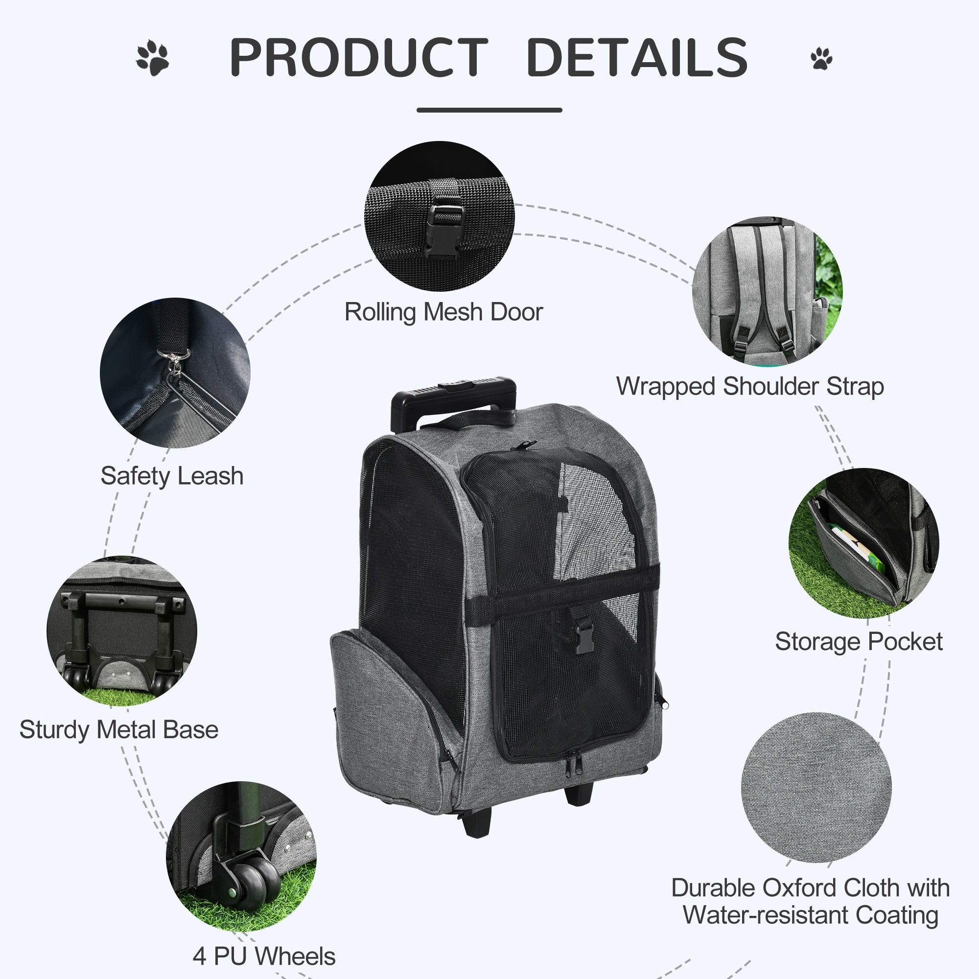 Valise pour animaux 2-en-1, sac à dos et caisse de transport pour chats et chiens avec poignée et roulettes, grise