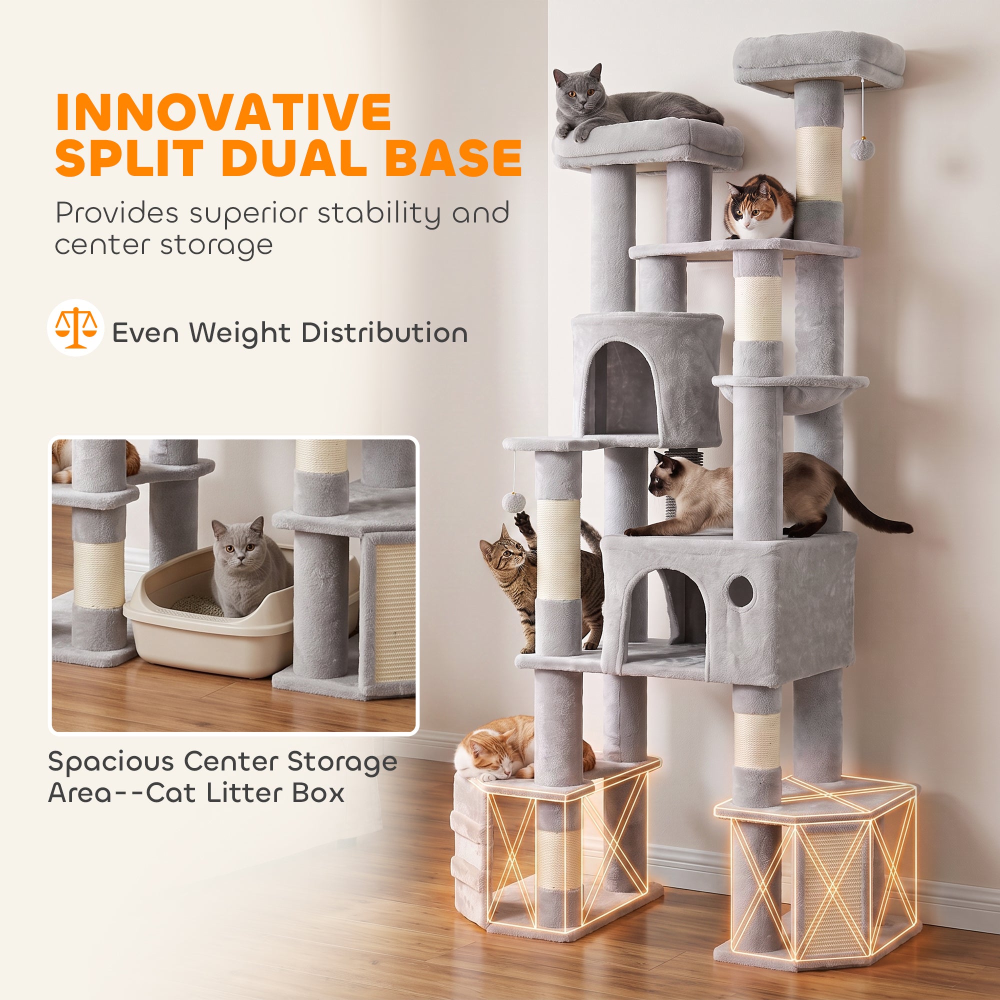 79" Tall Cat Tree for Indoor Large Cats Adult with Split Baseboard, 2 Cat Condos, 2 Beds, 5 Sisal Scratching Posts