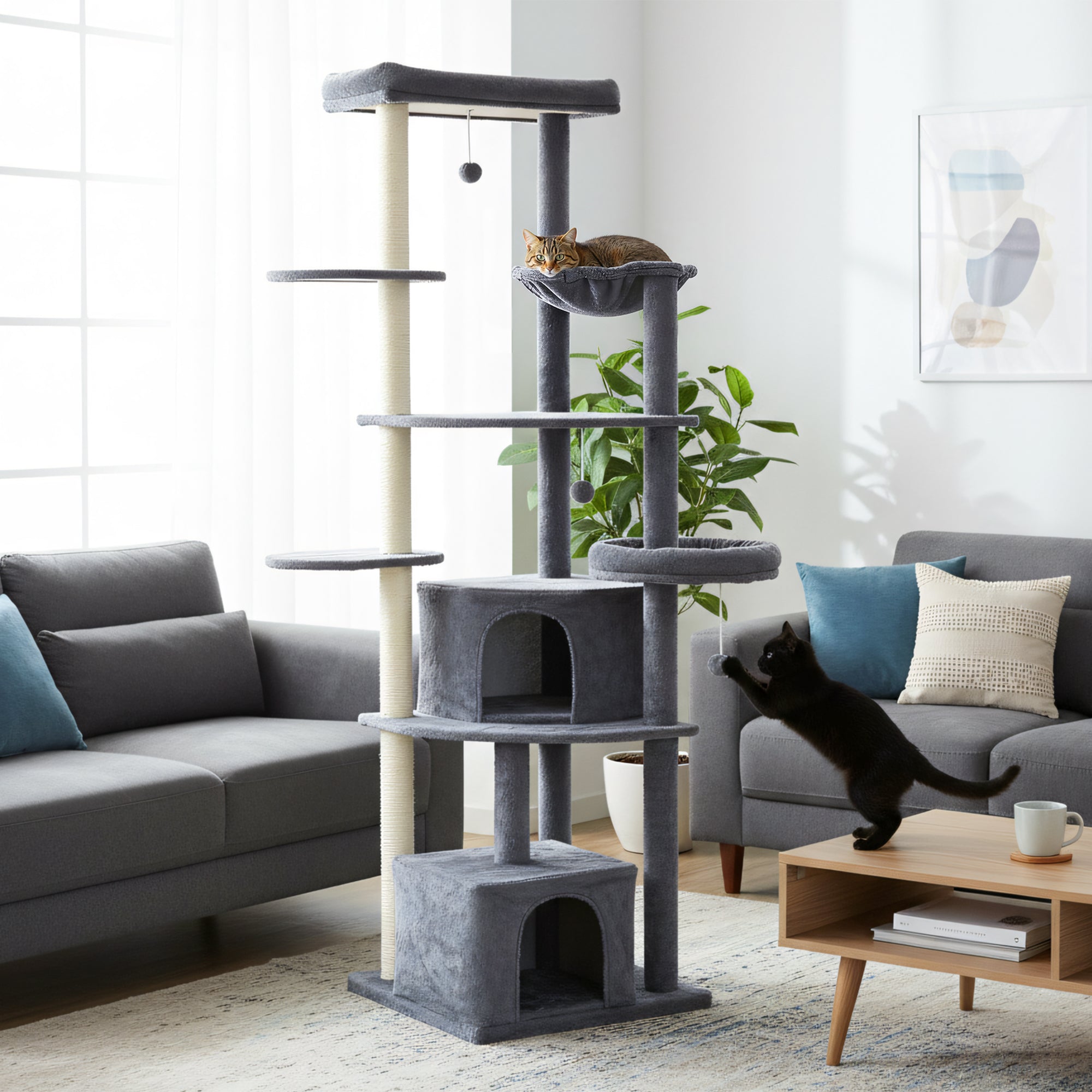 79" Extra Tall Cat Tree with Scratching Posts, Perches, Caves, Hammock, Pompoms, for 2-3 Indoor Cats, Dark Grey