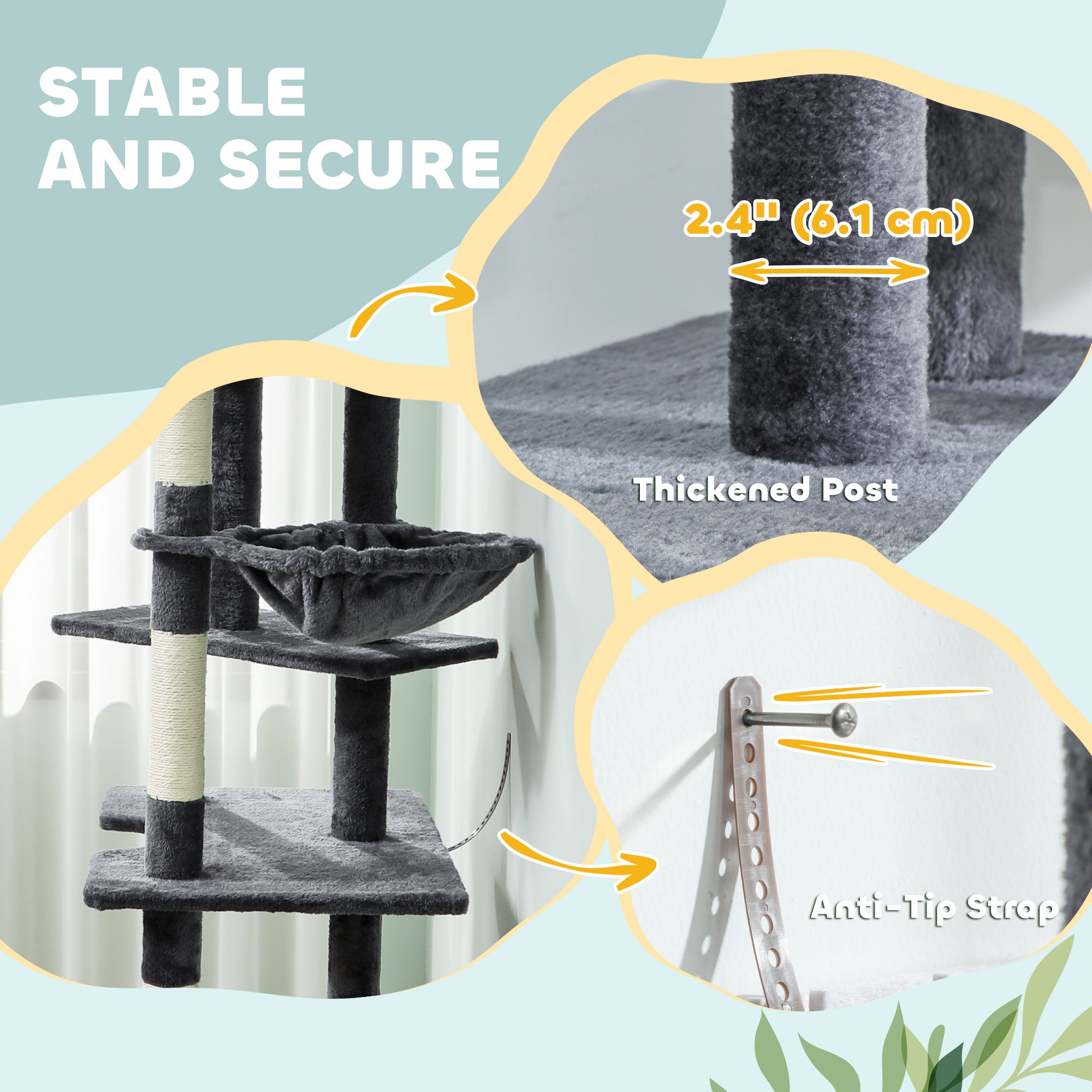 91"-98" Floor to Ceiling Cat Tree with 2 Condos, Hammock and Sisal Scratching Posts, for Indoor, Dark Grey