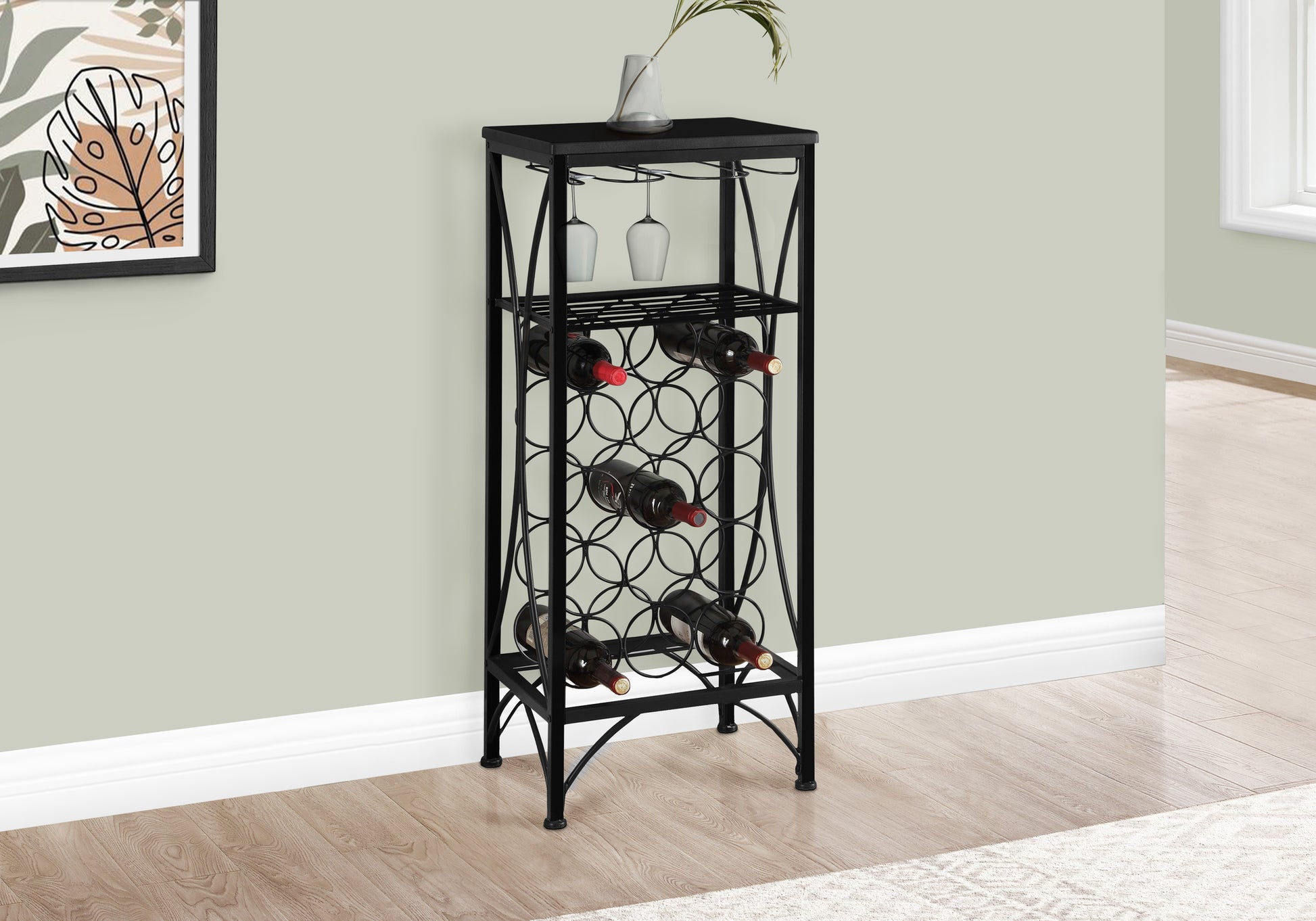 HOME BAR - 40"H / BLACK METAL WINE BOTTLE AND GLASS RACK-Home Bar-DECOROLALA