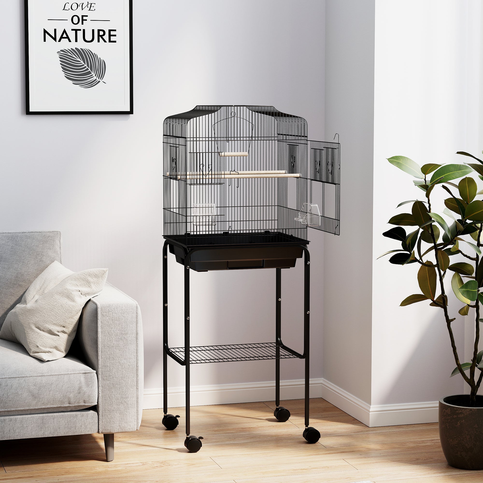 49" Rolling Bird Cage Cockatoo House Play Top Finch Pet Supply with Storage Shelf, Wheels - Black