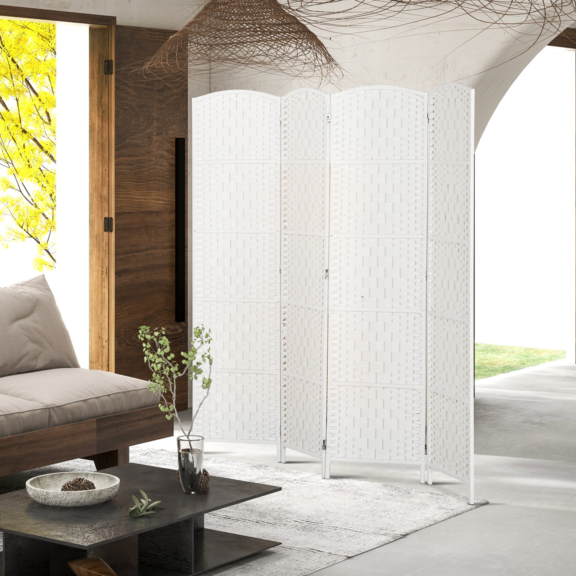 6ft Folding Room Divider, 4 Panel Wall Partition with Wooden Frame for Bedroom, Home Office, White
