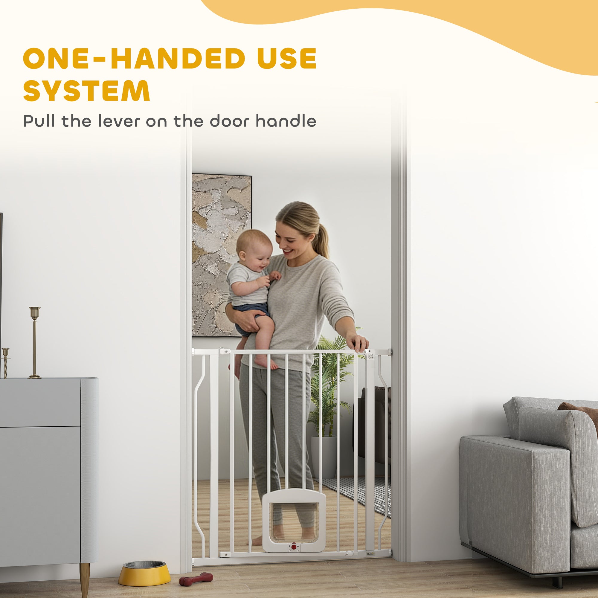 29.5-33.5" Adjustable Dog Gate with Cat Door, Easy Install Pressure/Hardware Mounted Pet Gate for Doorways, White