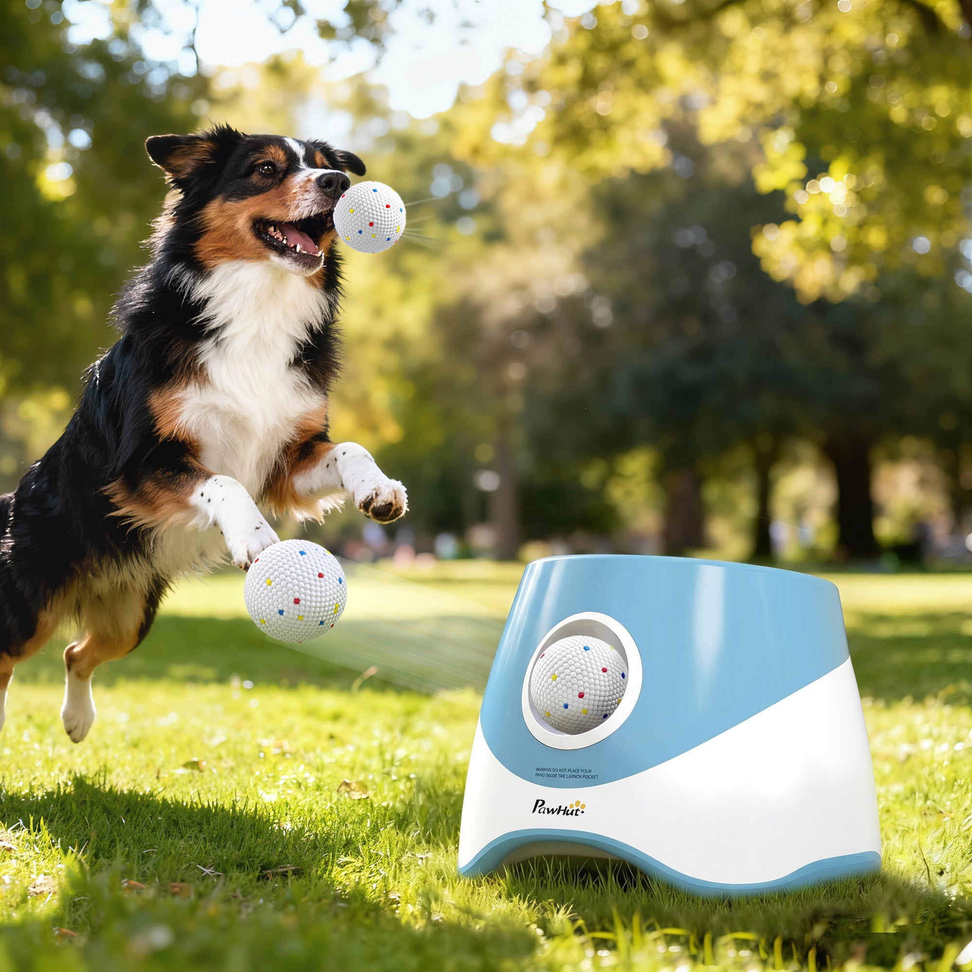 Automatic Dog Ball Launcher with 5 ETPU Balls 2.3", 3 Distance Settings 20ft, 33ft, 46ft, Blue