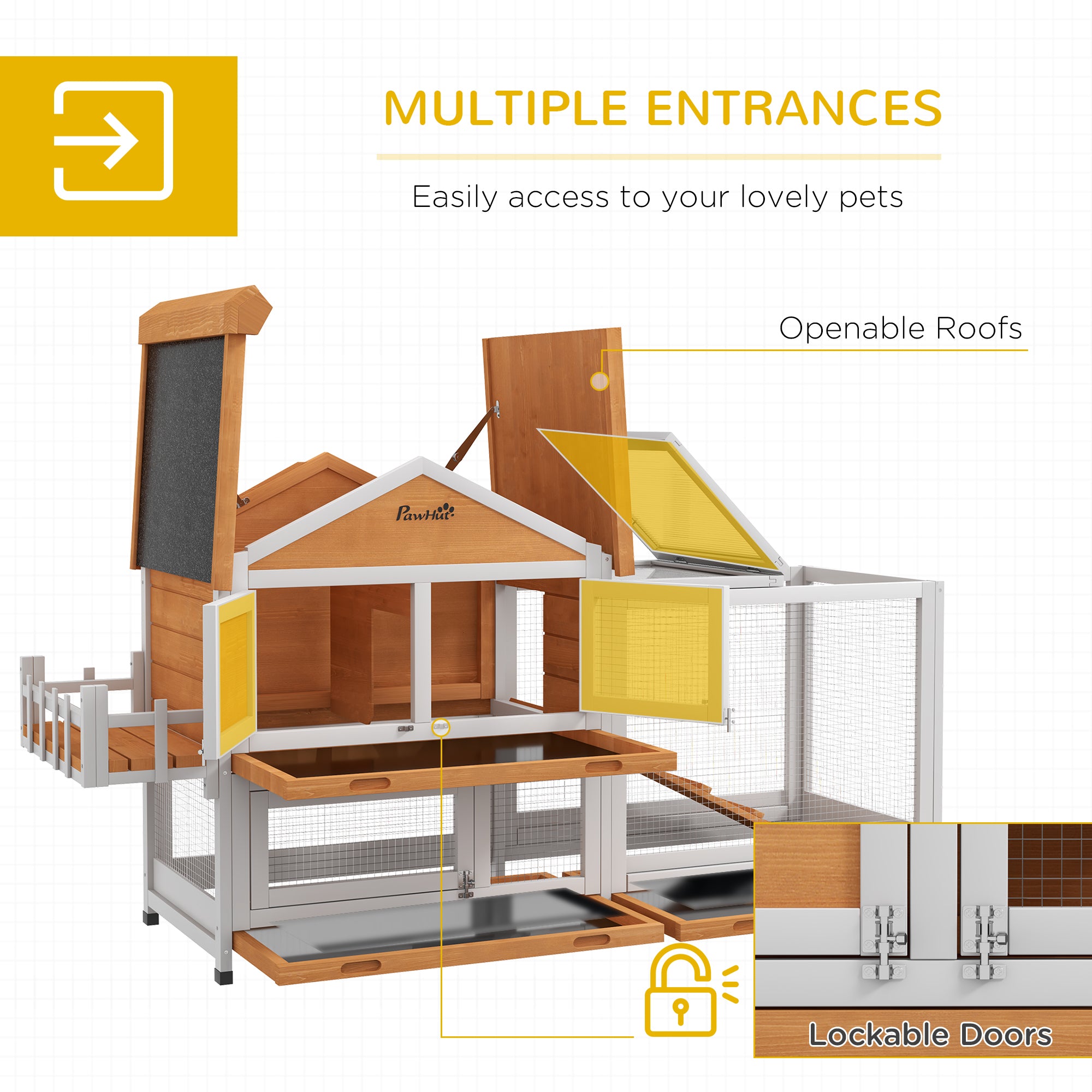 65" Wooden Rabbit Hutch, Pet Playpen with Openable Roof, Storage Box, for Rabbits and Small Animals, Yellow