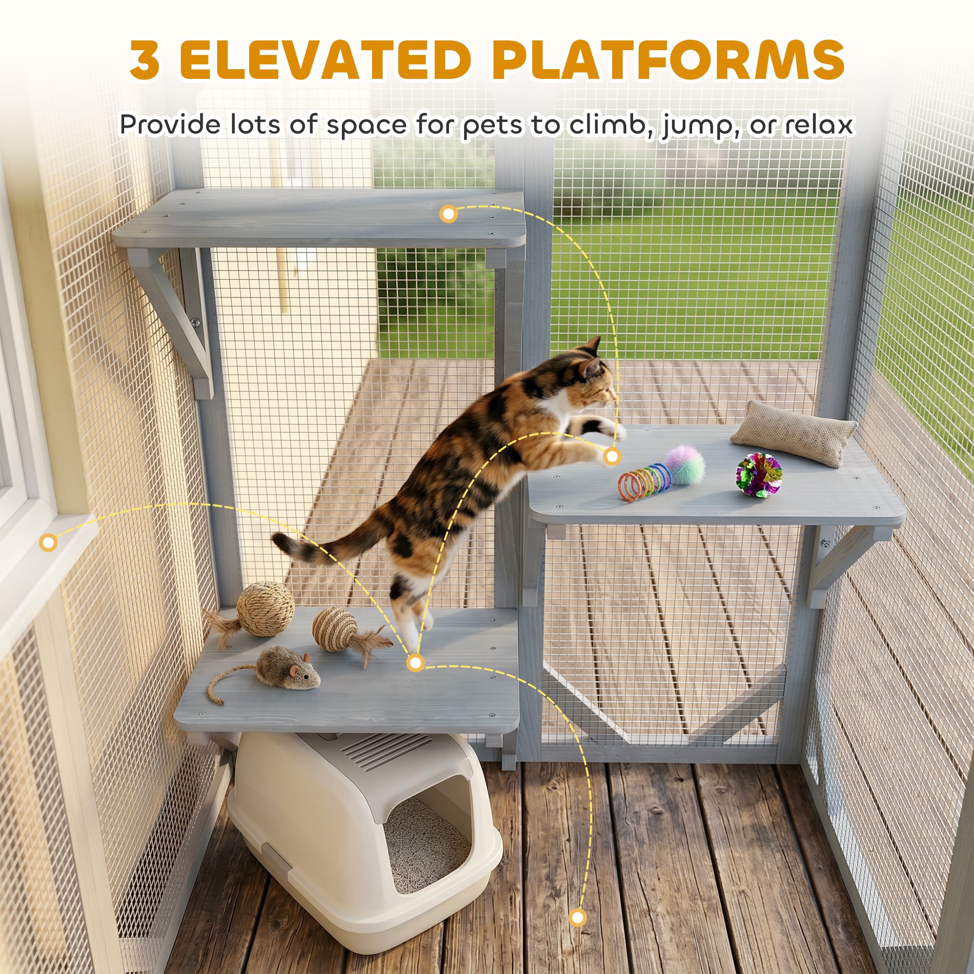 44.1" H Cat Cage, Indoor Outdoor Wooden Enclosure Pet House, Small Animal Cage Hutch, Suitable for Rabbit, Dogs, Kitten, Crate Kennel with Waterproof Roof, Multi-Level Platforms, Lock, Grey