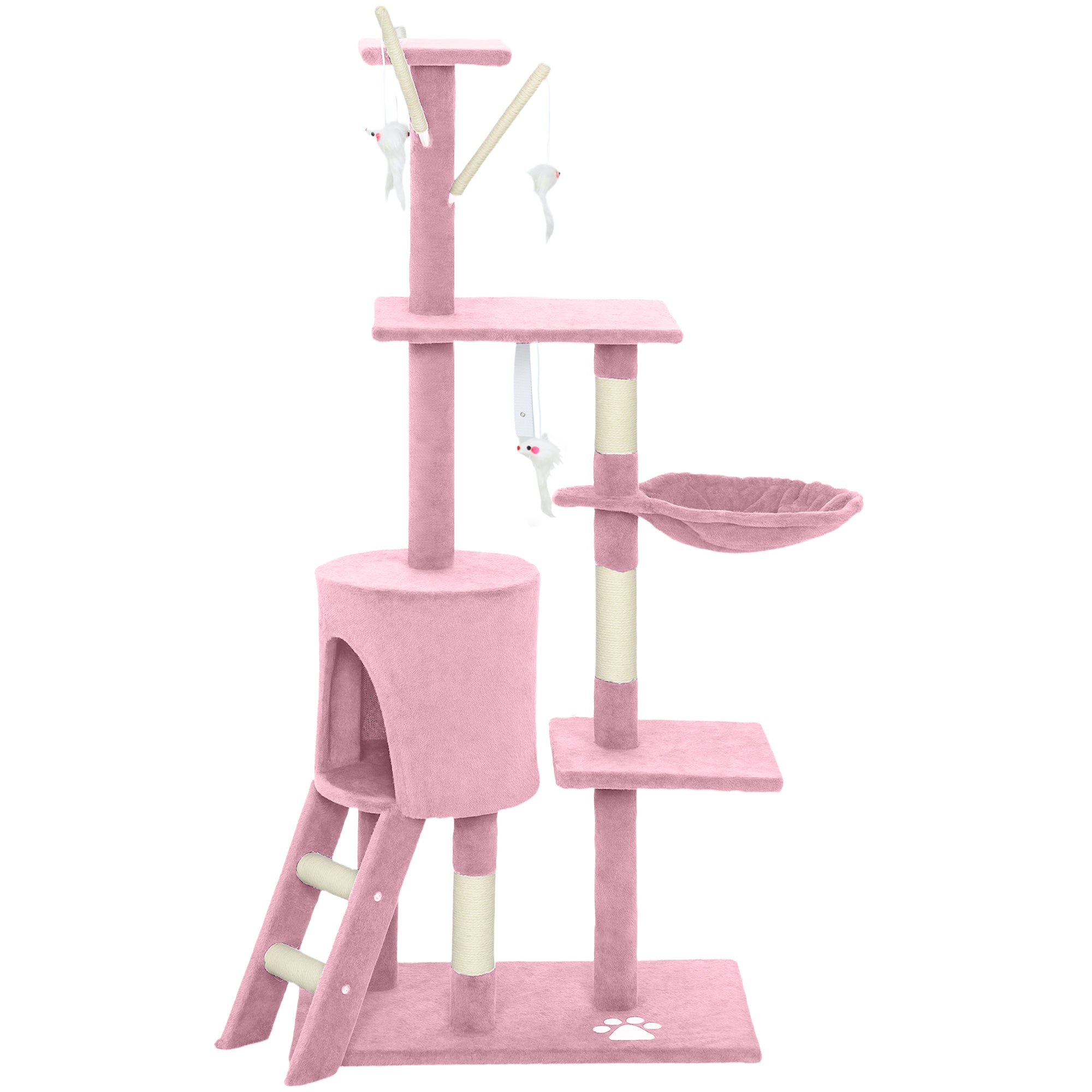 53" Cat Tree Tower, Kitten Activity Centre with Scratching Posts, Condo, Perches, Ladder, Hammock, Dangling Toys, Pink