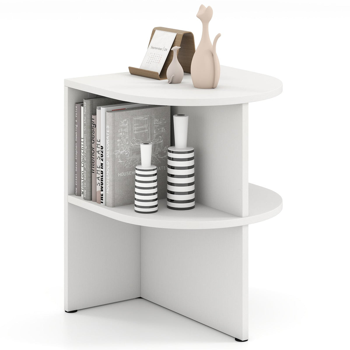 Half Round End Table with Open Shelves for Small Space-White-End & Side Tables-DECOROLALA