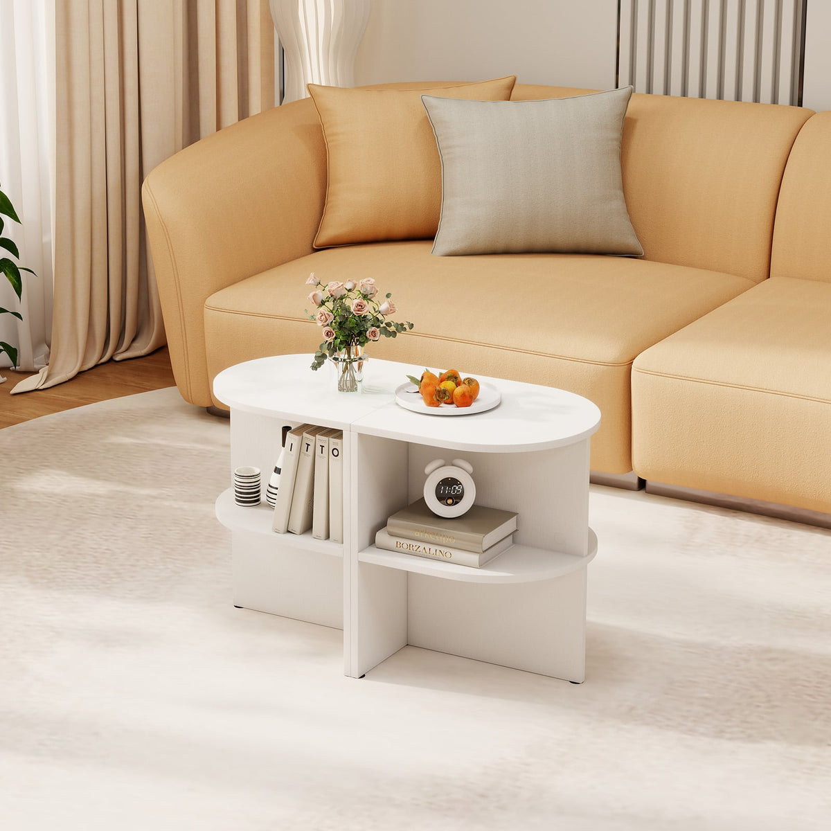 Half Round End Table with Open Shelves for Small Space-White-End & Side Tables-DECOROLALA