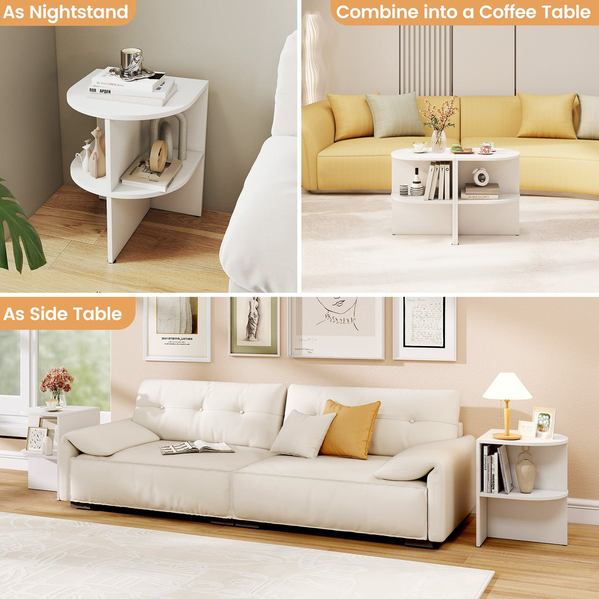 Half Round End Table with Open Shelves for Small Space-White-End & Side Tables-DECOROLALA