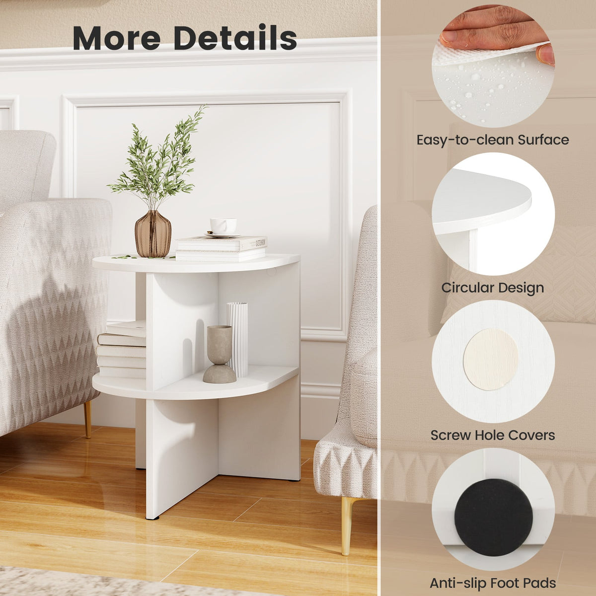 Half Round End Table with Open Shelves for Small Space-White-End & Side Tables-DECOROLALA