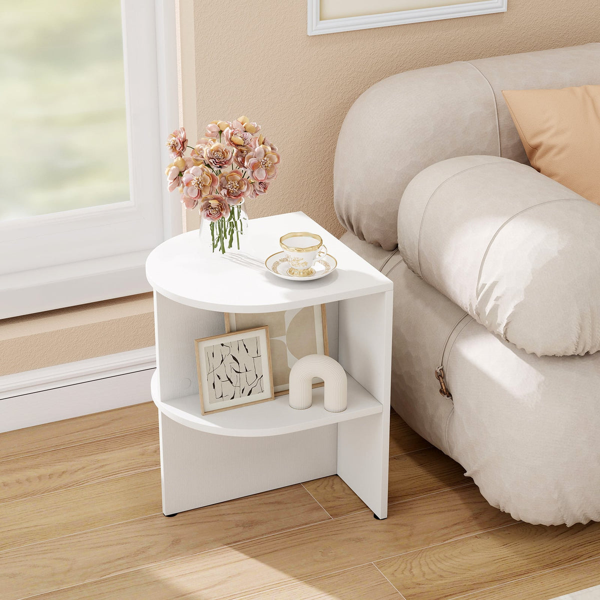 Half Round End Table with Open Shelves for Small Space-White-End & Side Tables-DECOROLALA