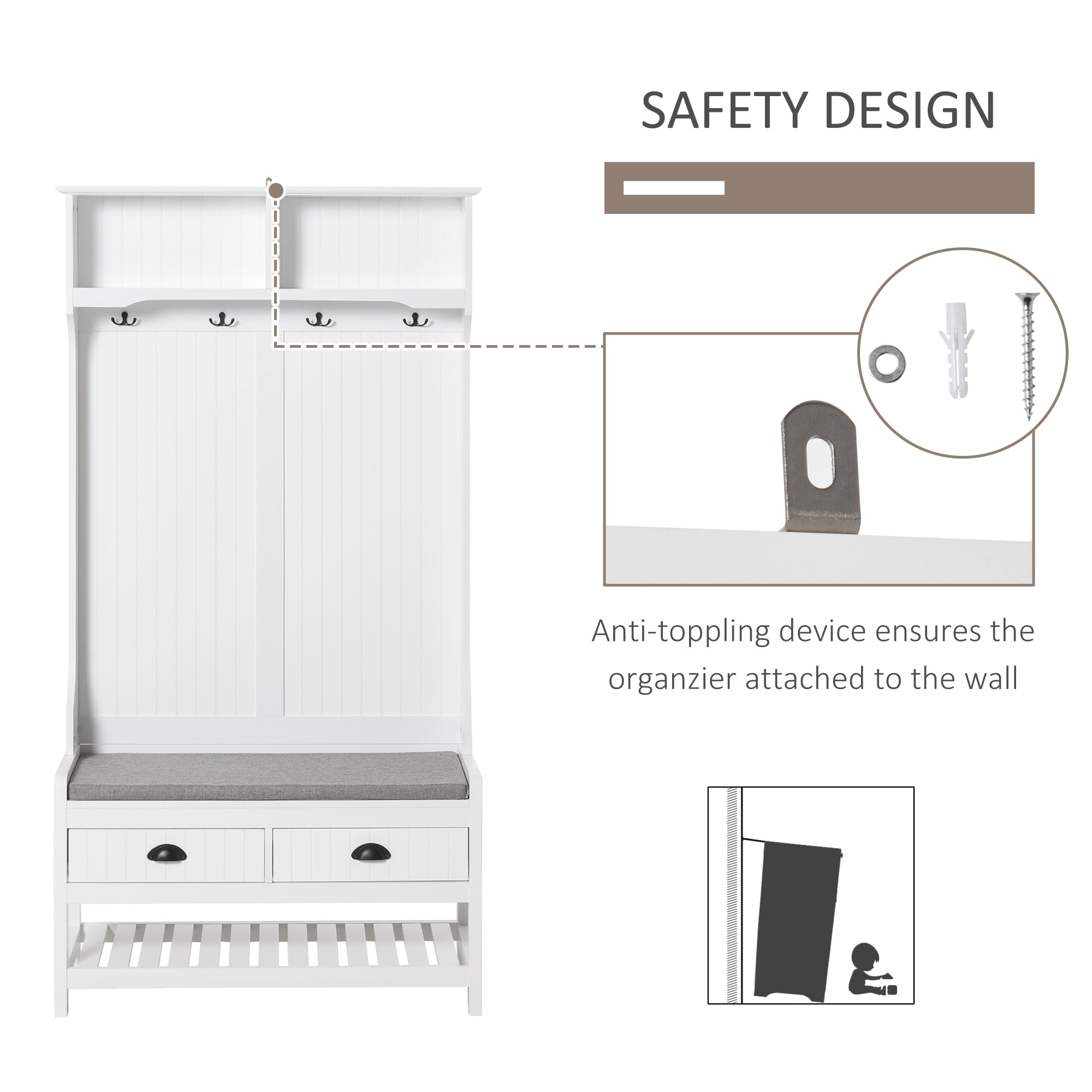 Hall Tree - Entryway Coat Rack Shoe Bench White-DECOROLALA