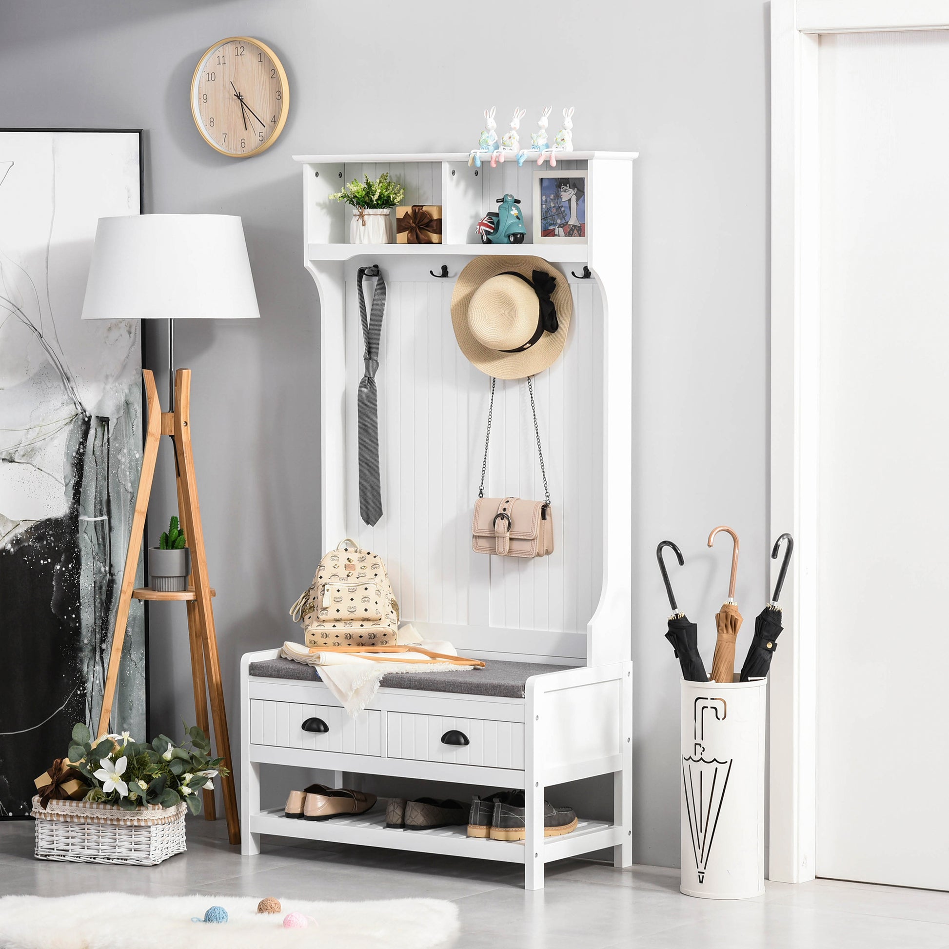 Hall Tree - Entryway Coat Rack Shoe Bench White-DECOROLALA