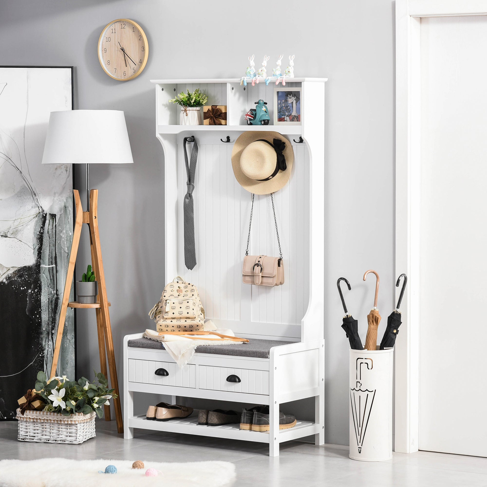 Hall Tree - Entryway Coat Rack Shoe Bench White-DECOROLALA