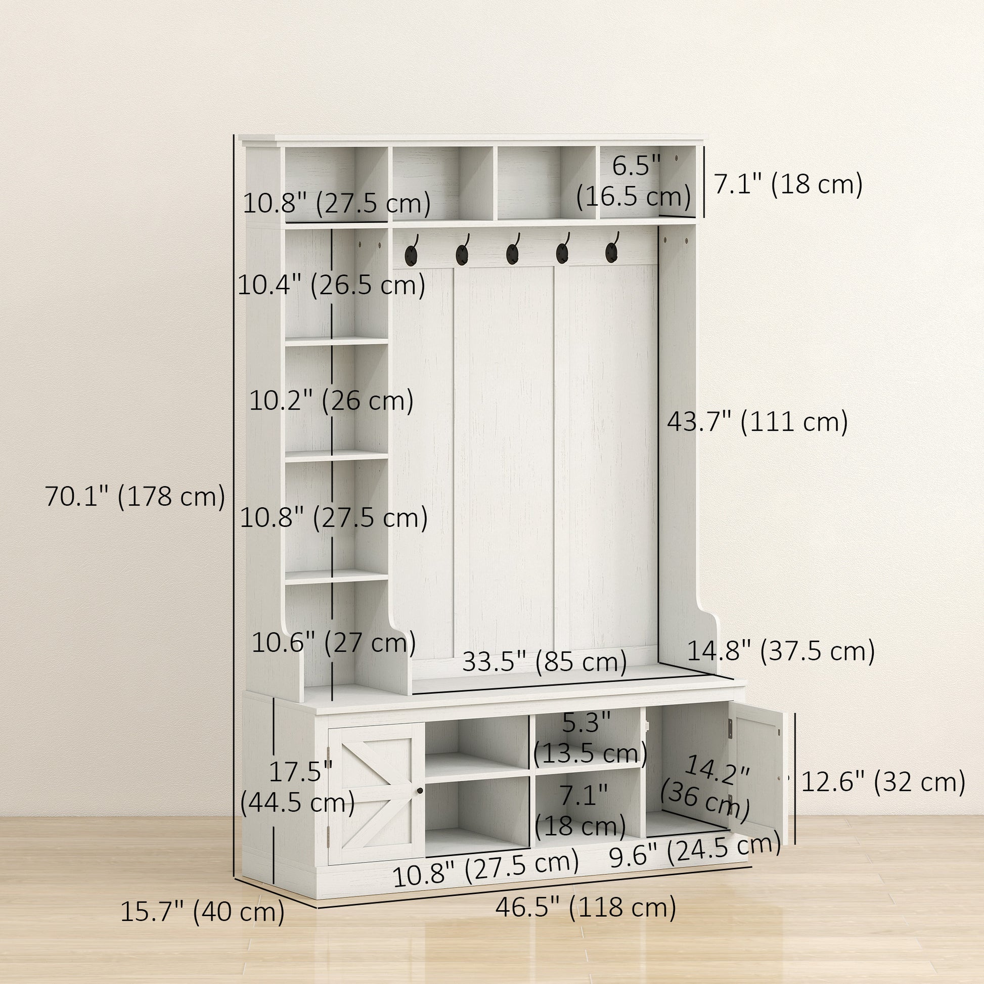 Hall Tree with Bench and Shoe Storage - White Wood Grain 46.5"-DECOROLALA