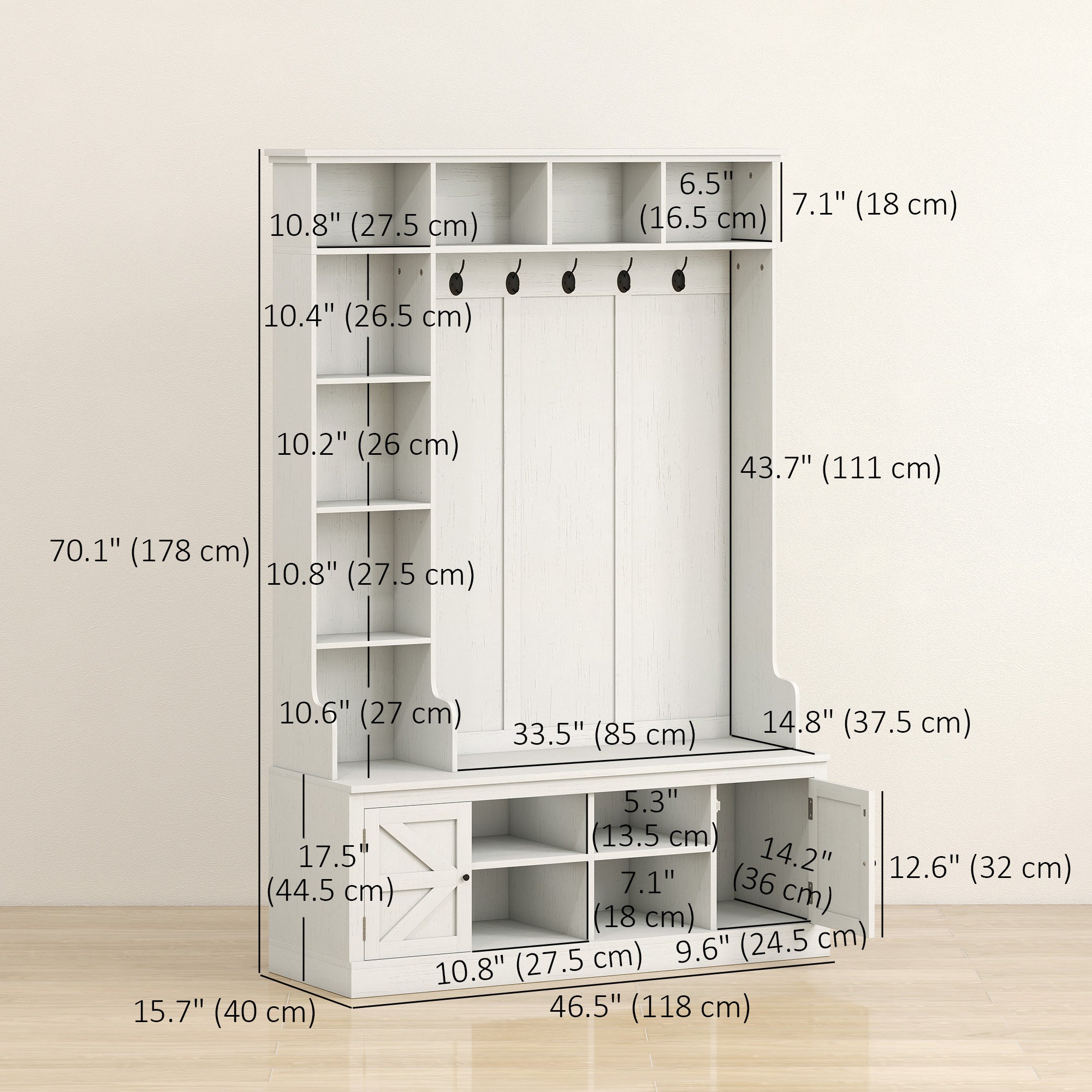 Hall Tree with Bench and Shoe Storage - White Wood Grain 46.5"-DECOROLALA