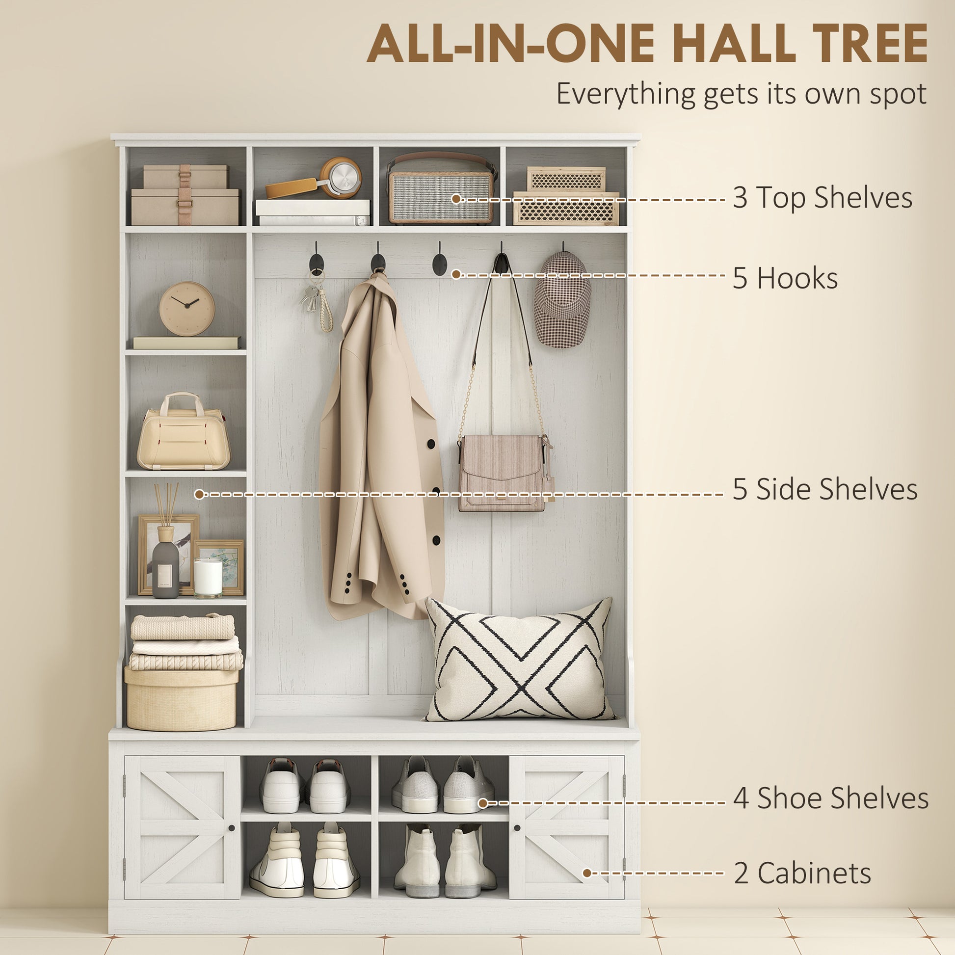 Hall Tree with Bench and Shoe Storage - White Wood Grain 46.5"-DECOROLALA