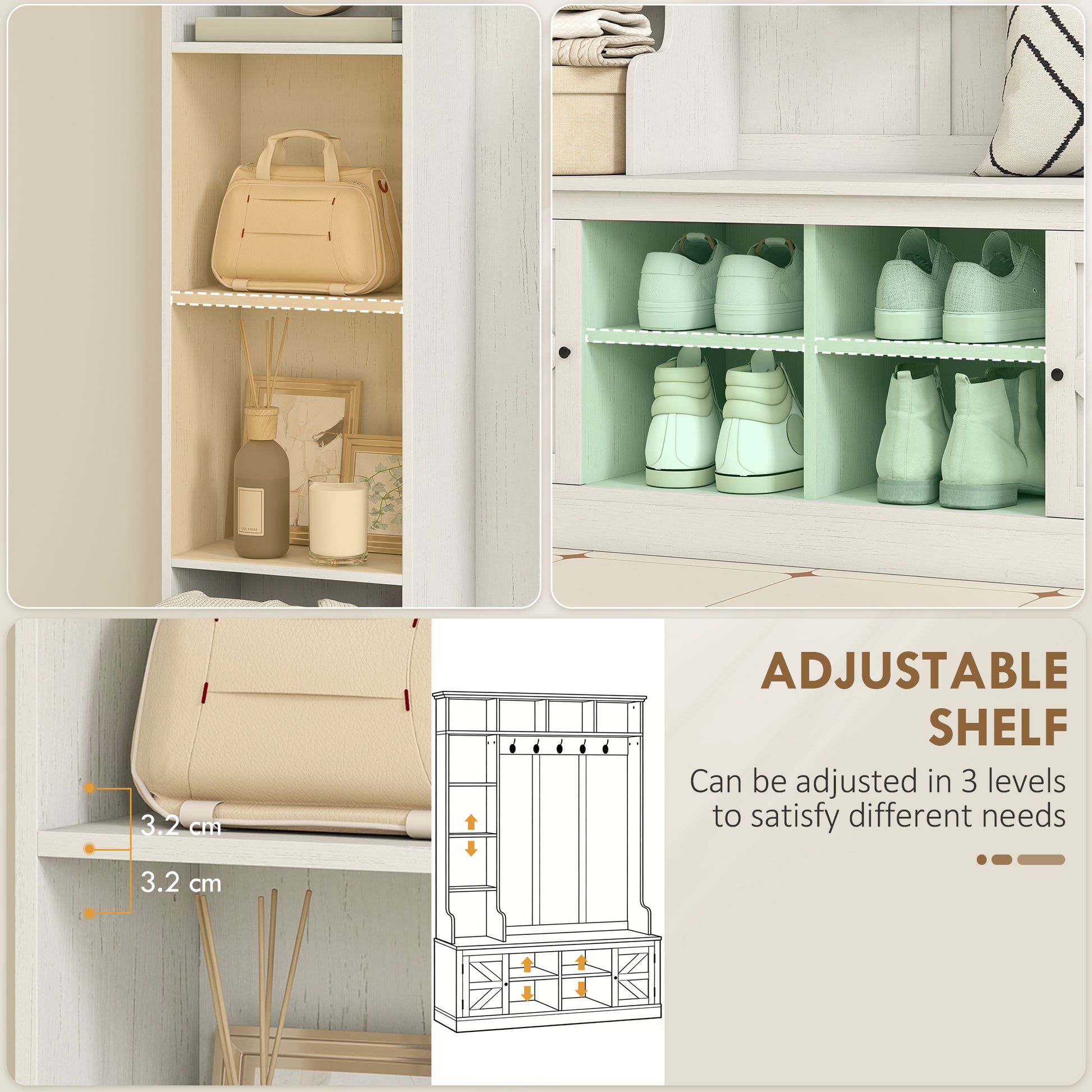 Hall Tree with Bench and Shoe Storage - White Wood Grain 46.5"-DECOROLALA