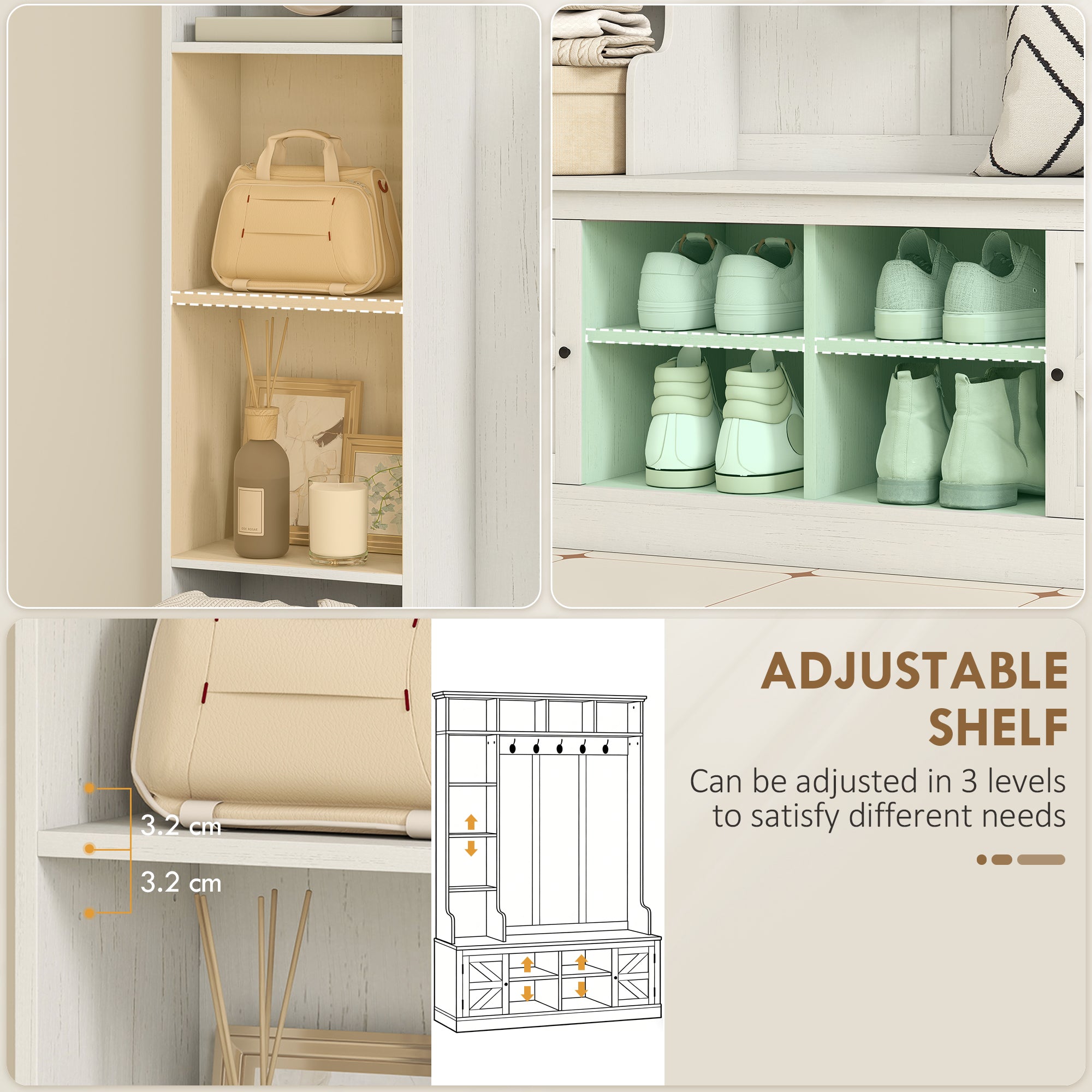 Hall Tree with Bench and Shoe Storage - White Wood Grain 46.5"-DECOROLALA