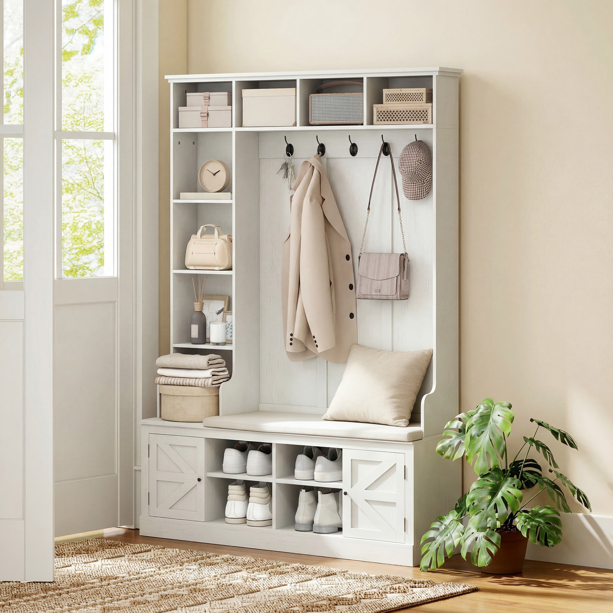 Hall Tree with Bench and Shoe Storage - White Wood Grain 46.5"-DECOROLALA