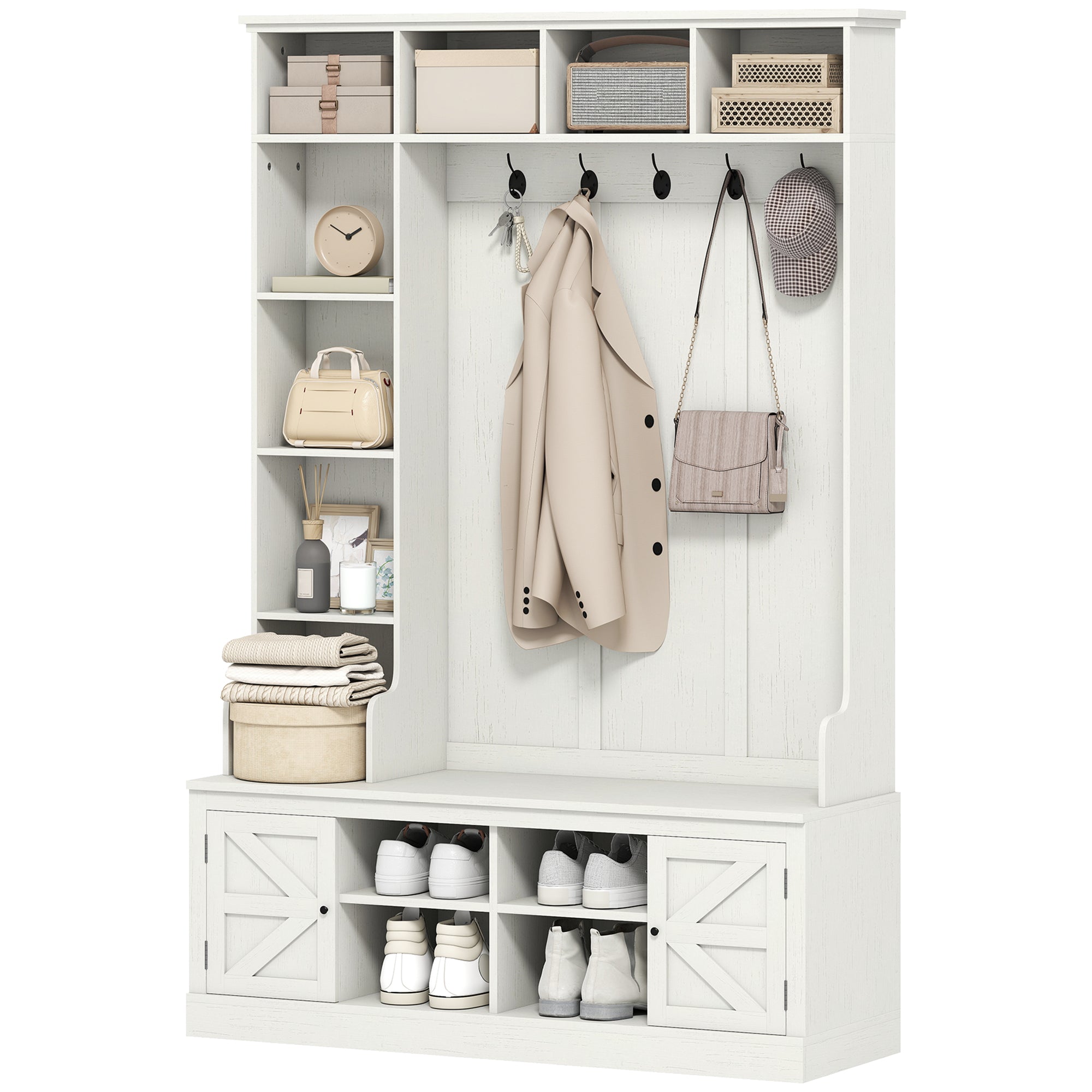 Hall Tree with Bench and Shoe Storage - White Wood Grain 46.5"-DECOROLALA