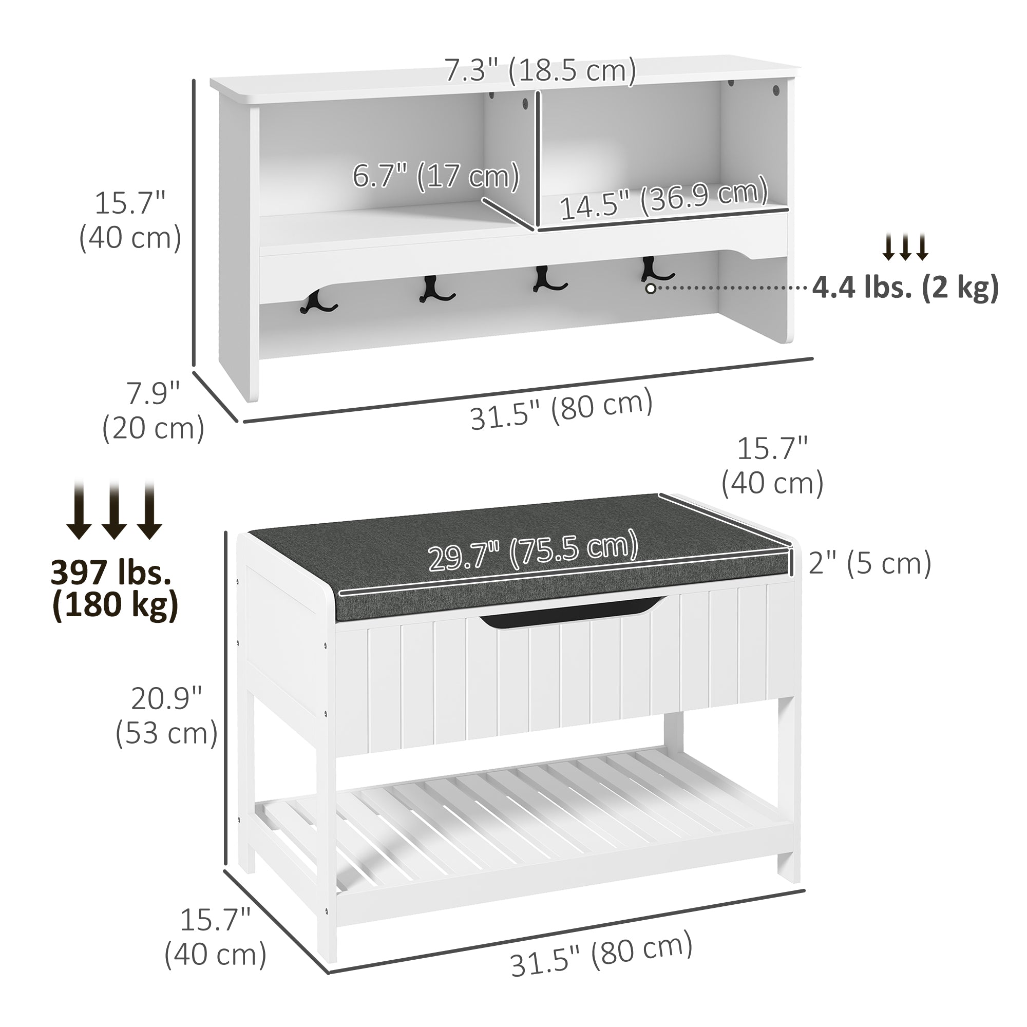 Hall Tree with Shoe Storage Bench - White MDF Set-DECOROLALA