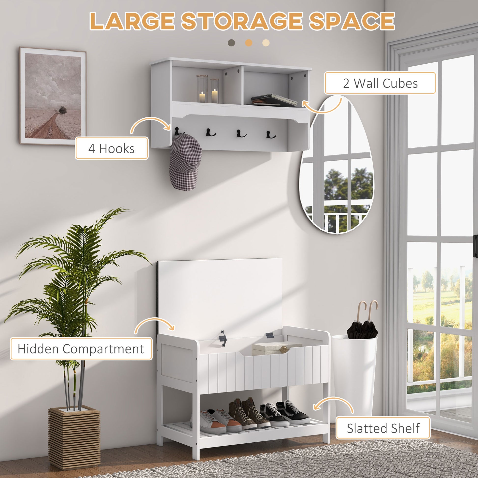 Hall Tree with Shoe Storage Bench - White MDF Set-DECOROLALA