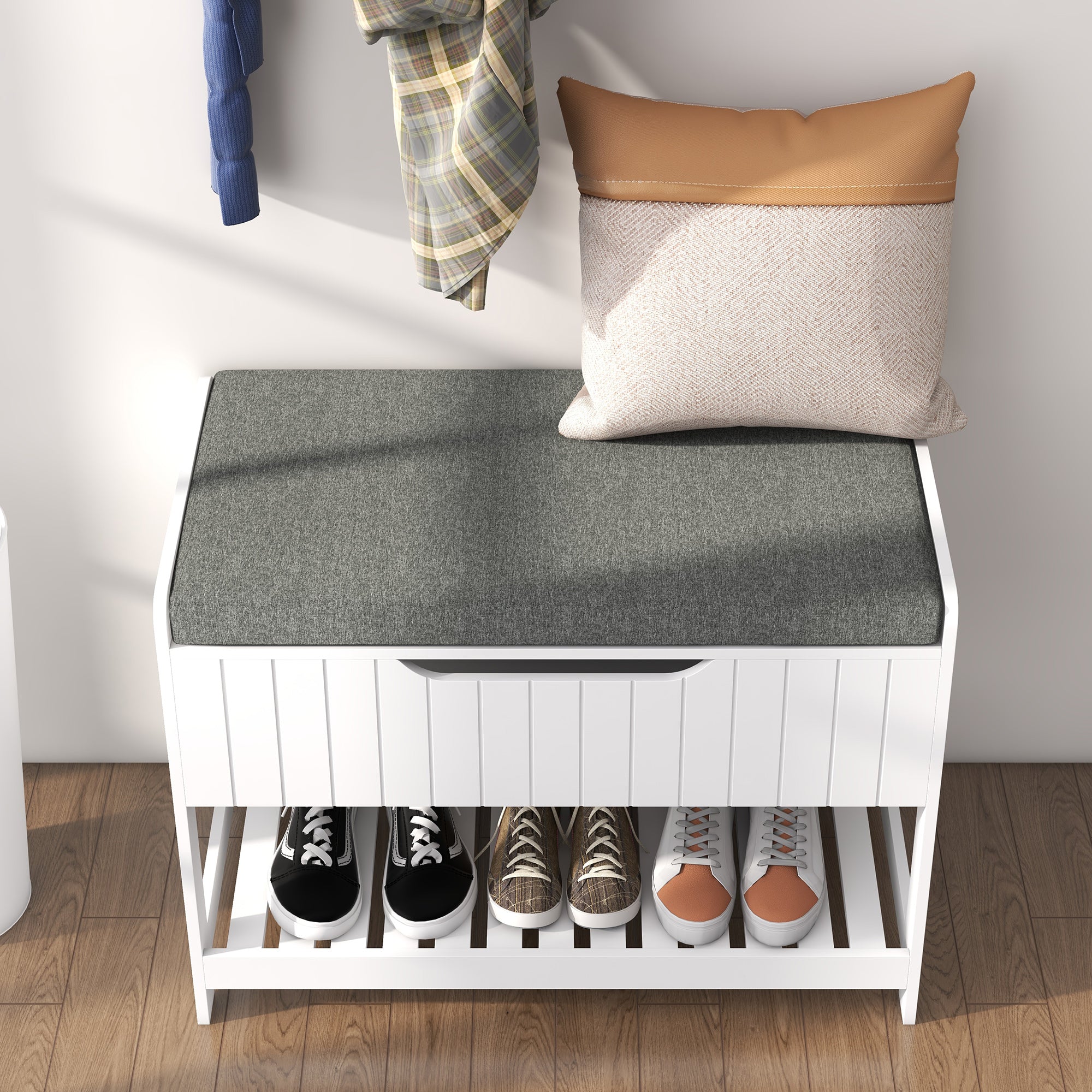 Hall Tree with Shoe Storage Bench - White MDF Set-DECOROLALA