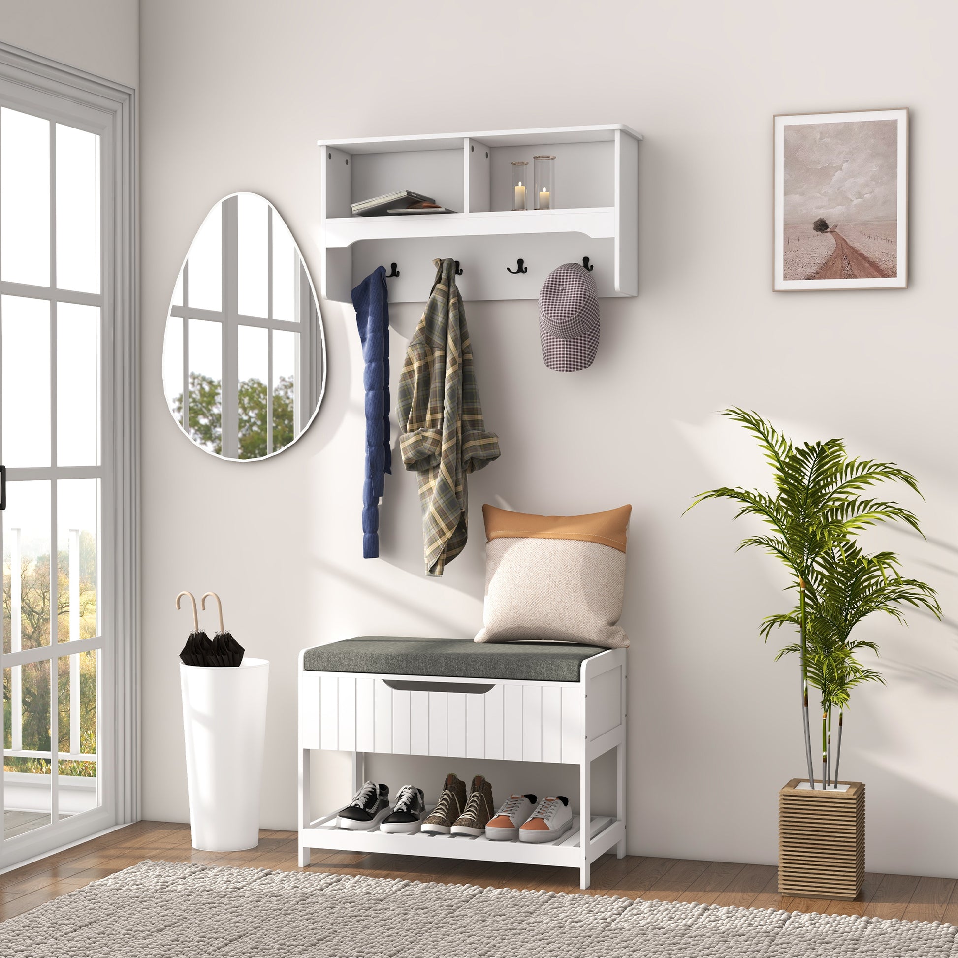 Hall Tree with Shoe Storage Bench - White MDF Set-DECOROLALA