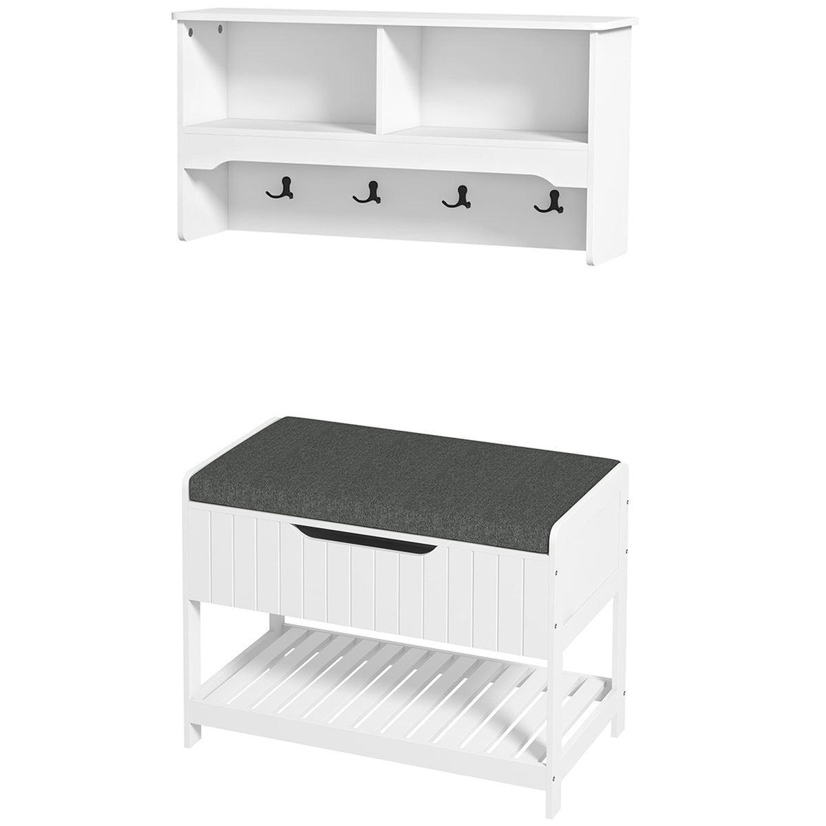 Hall Tree with Shoe Storage Bench - White MDF Set-Hall Trees-DECOROLALA