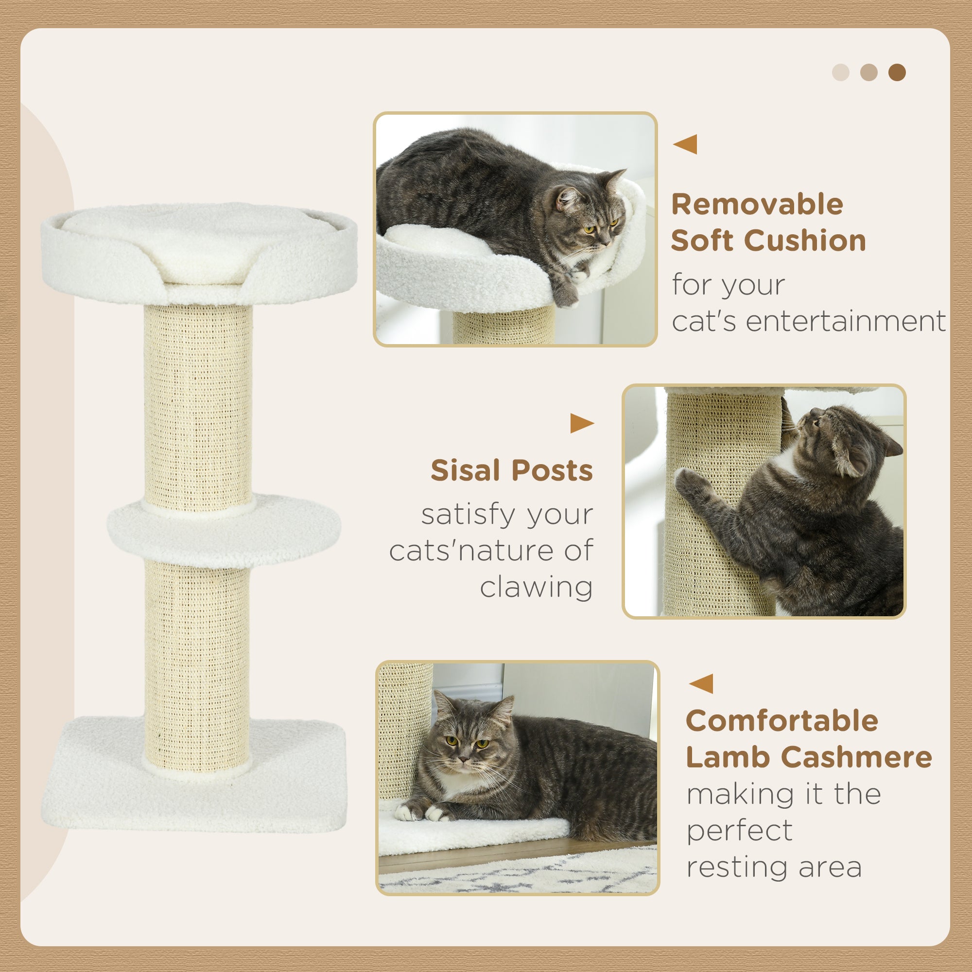 Cat Tree Kitty Tower with Sisal Mat Scratching Post, Cat Bed, Cushion, Perch, 18" x 18" x 36", Cream White