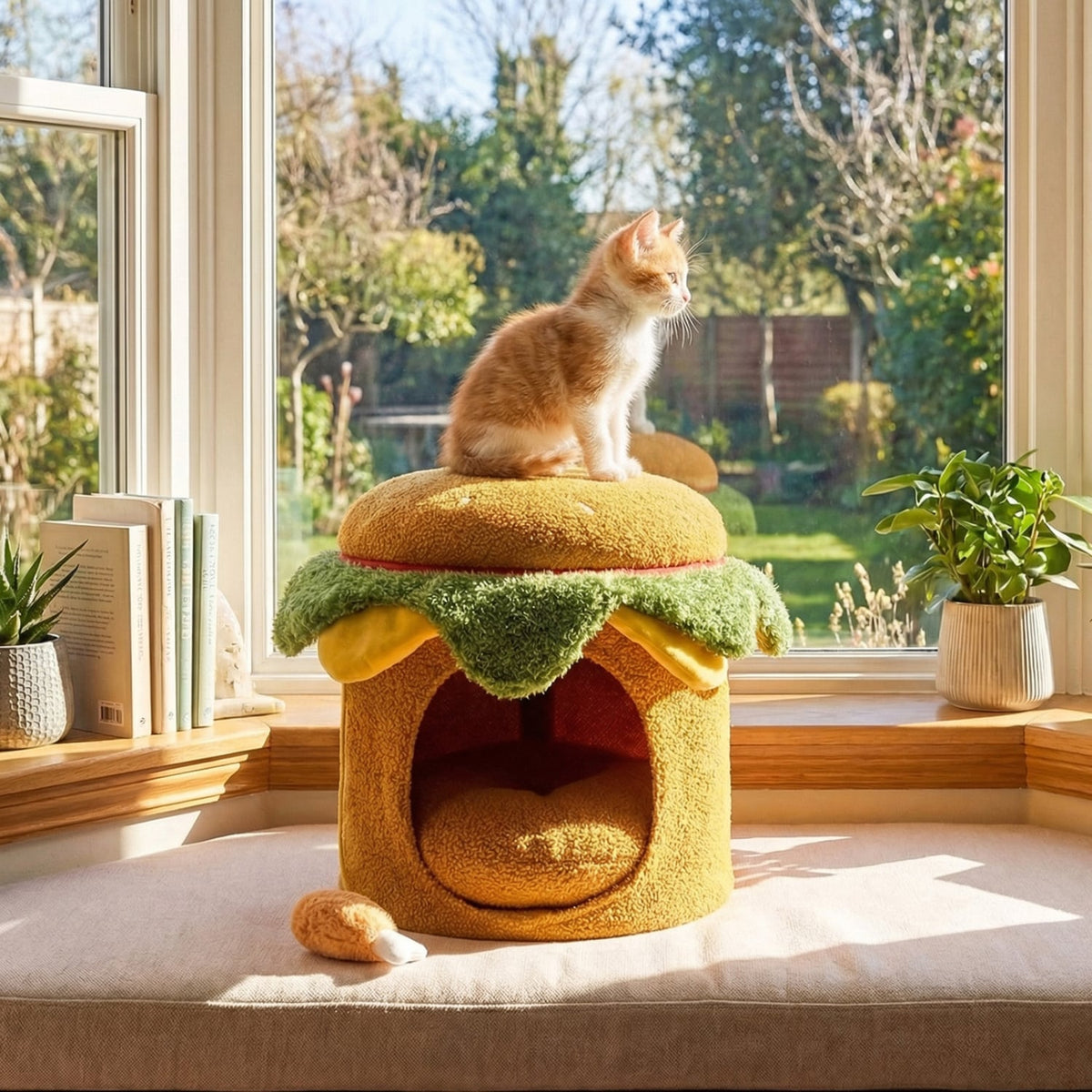 Hamburger Cat Nest with Chicken Drumstick Toy and Removable Cushion for Indoor Cats-Yellow-Cat Houses-DECOROLALA