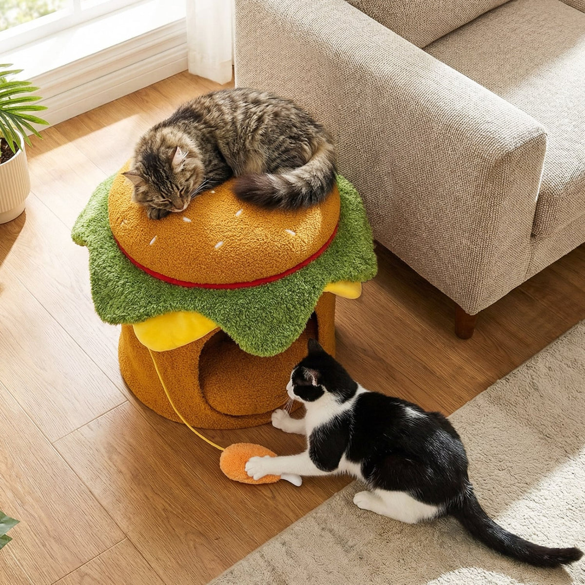Hamburger Cat Nest with Chicken Drumstick Toy and Removable Cushion for Indoor Cats-Yellow-Cat Houses-DECOROLALA