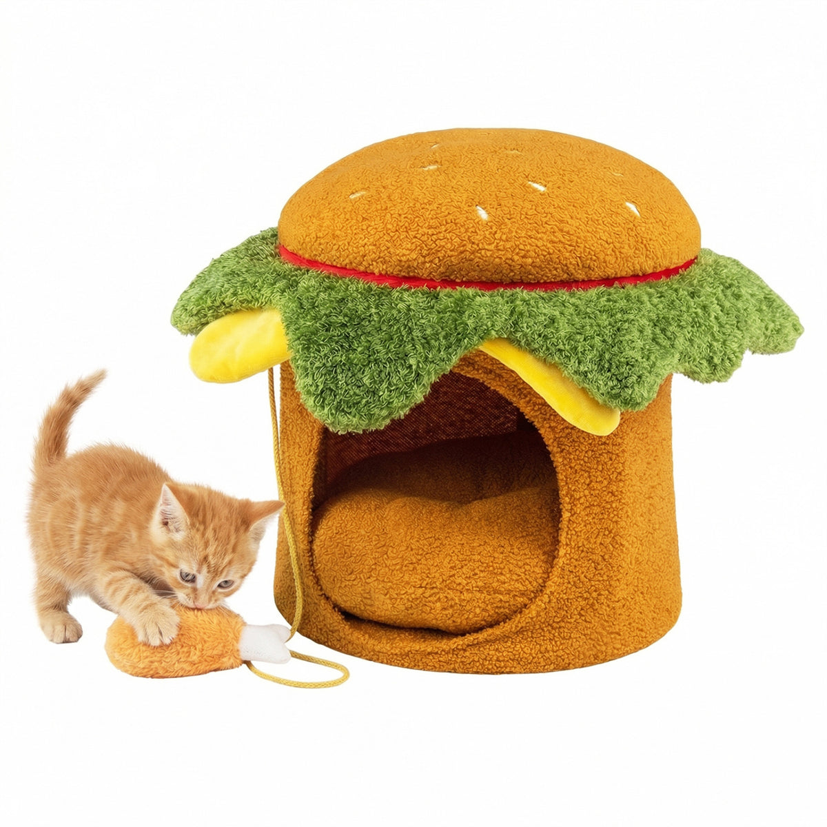 Hamburger Cat Nest with Chicken Drumstick Toy and Removable Cushion for Indoor Cats-Yellow-Cat Houses-DECOROLALA